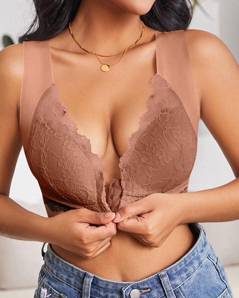 Women's Contrast Lace Hook & Eye Front Pushup Bra