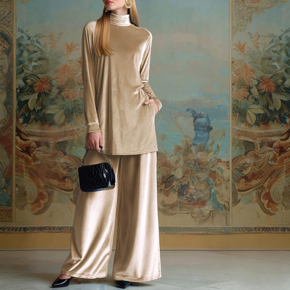 Classy Velvet Turtleneck Slit Top & Wide Leg Pants Set