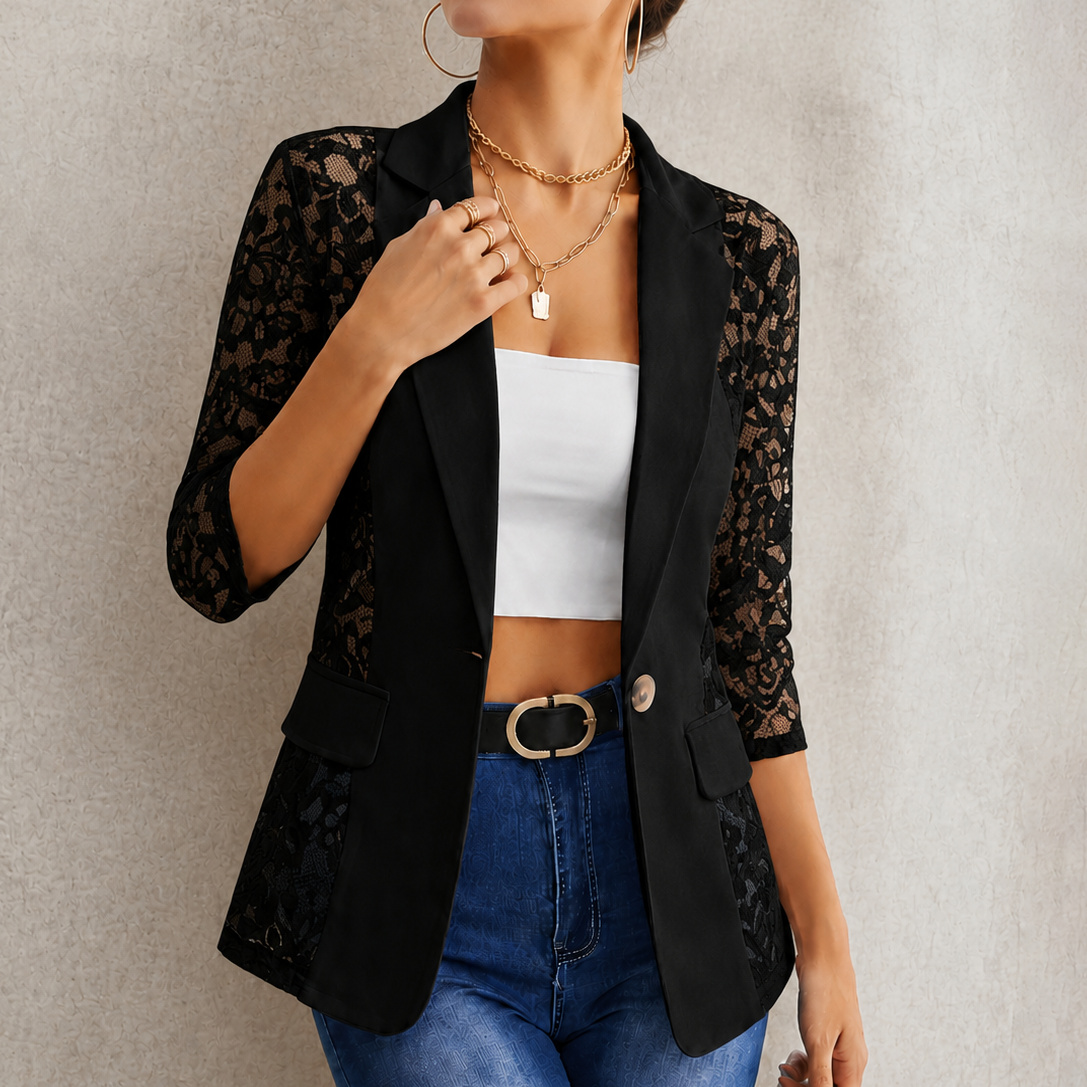 Lace Spliced 3/4 Sleeve Lapel Casual Blazer