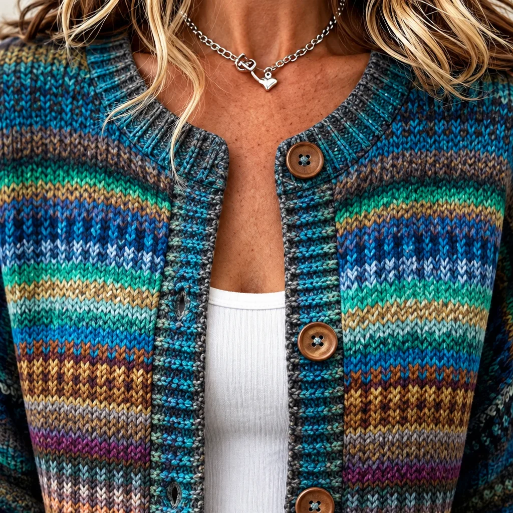 Women's Vintage Teal Multicolor Stripe Pattern Relaxed Fit Button Front Knit Cardigan Sweater