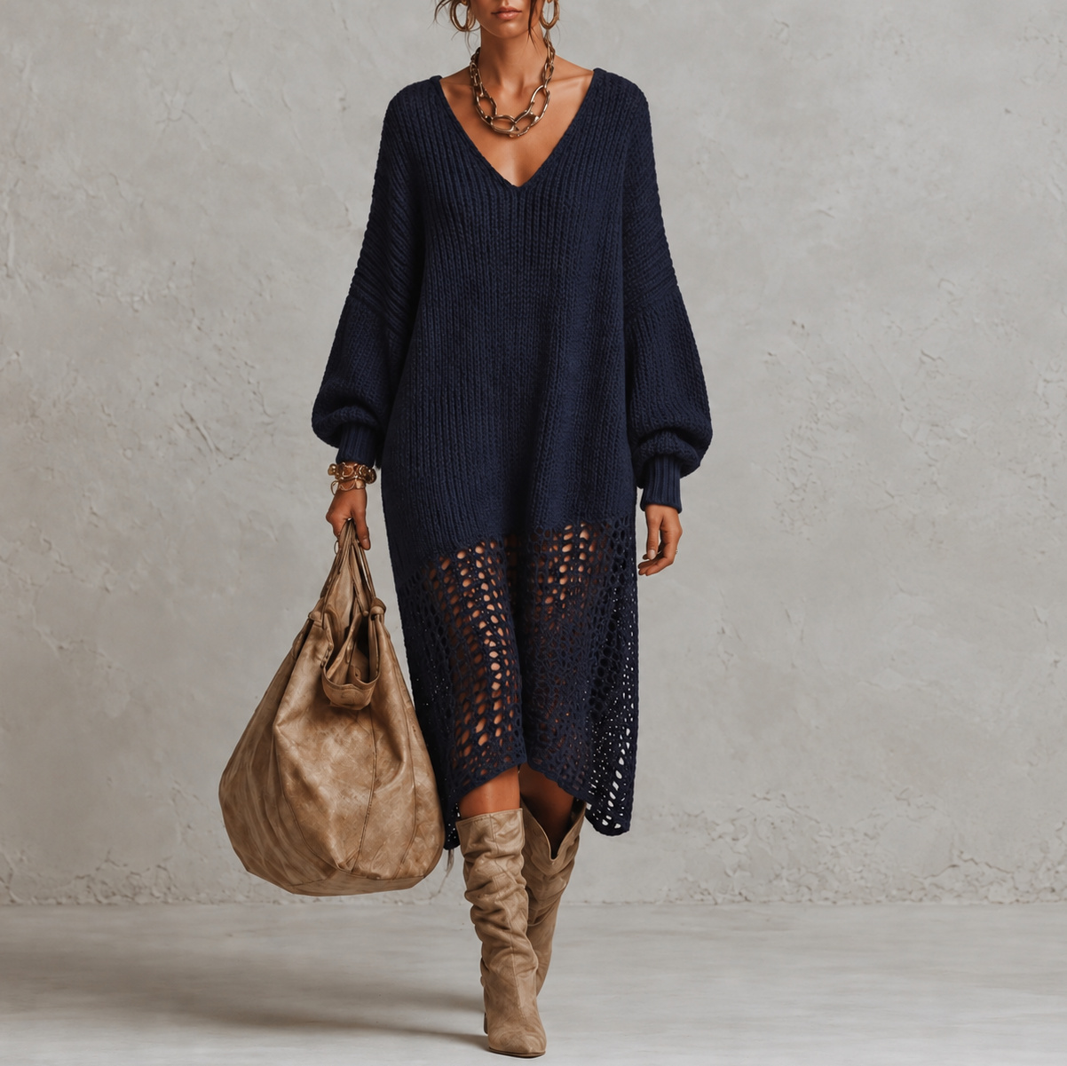 Retro Long-sleeved Knit V-neck Maxi Dress