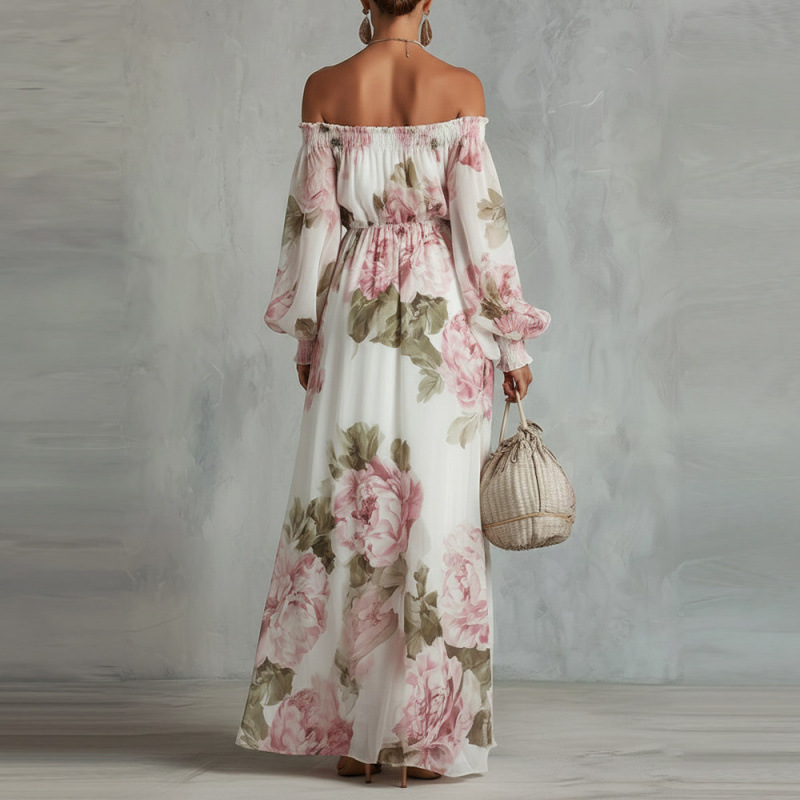 Fashion Printed One-shoulder Lantern Sleeve Elegant Dress