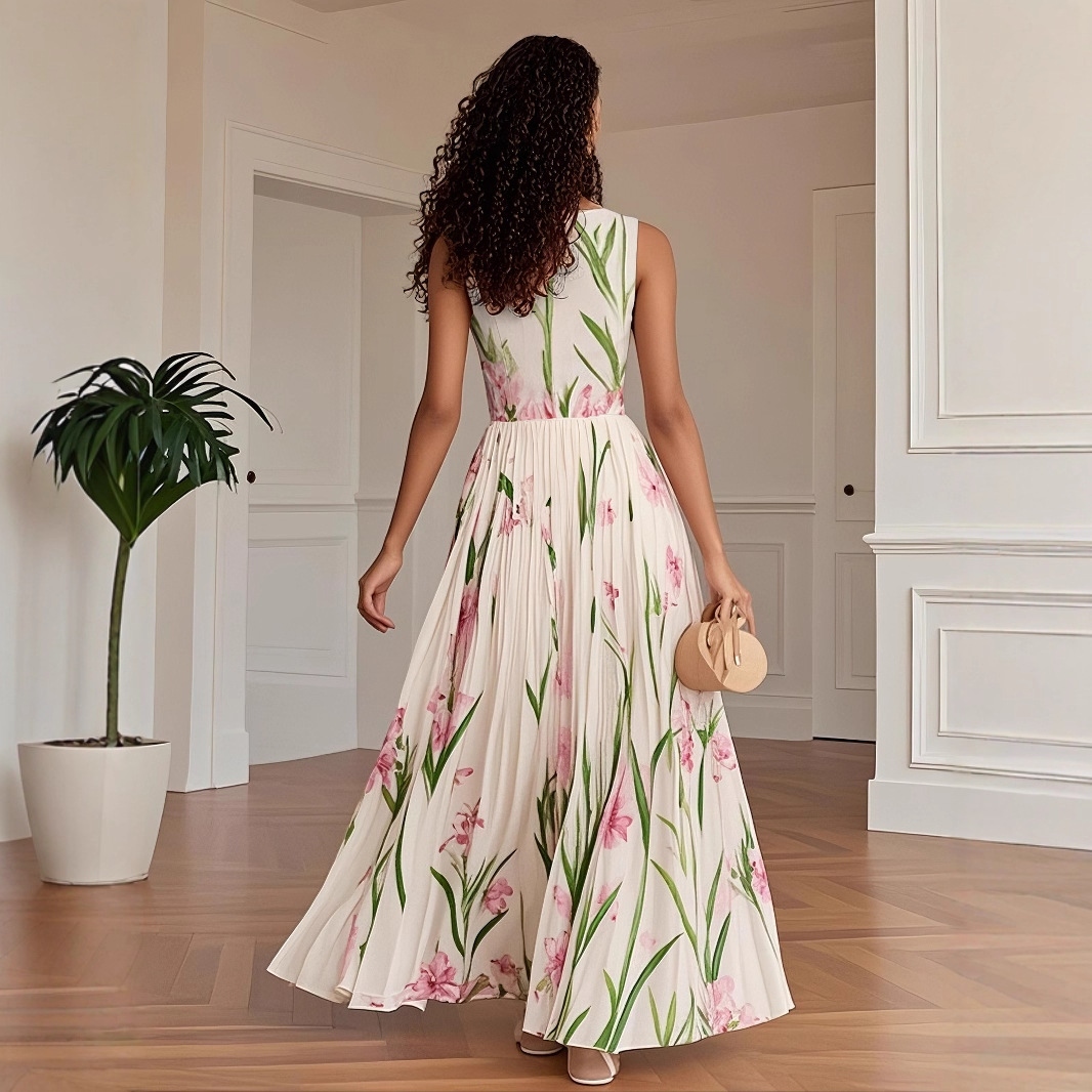 Pleated Slim Fit Floral Print Slip Dress