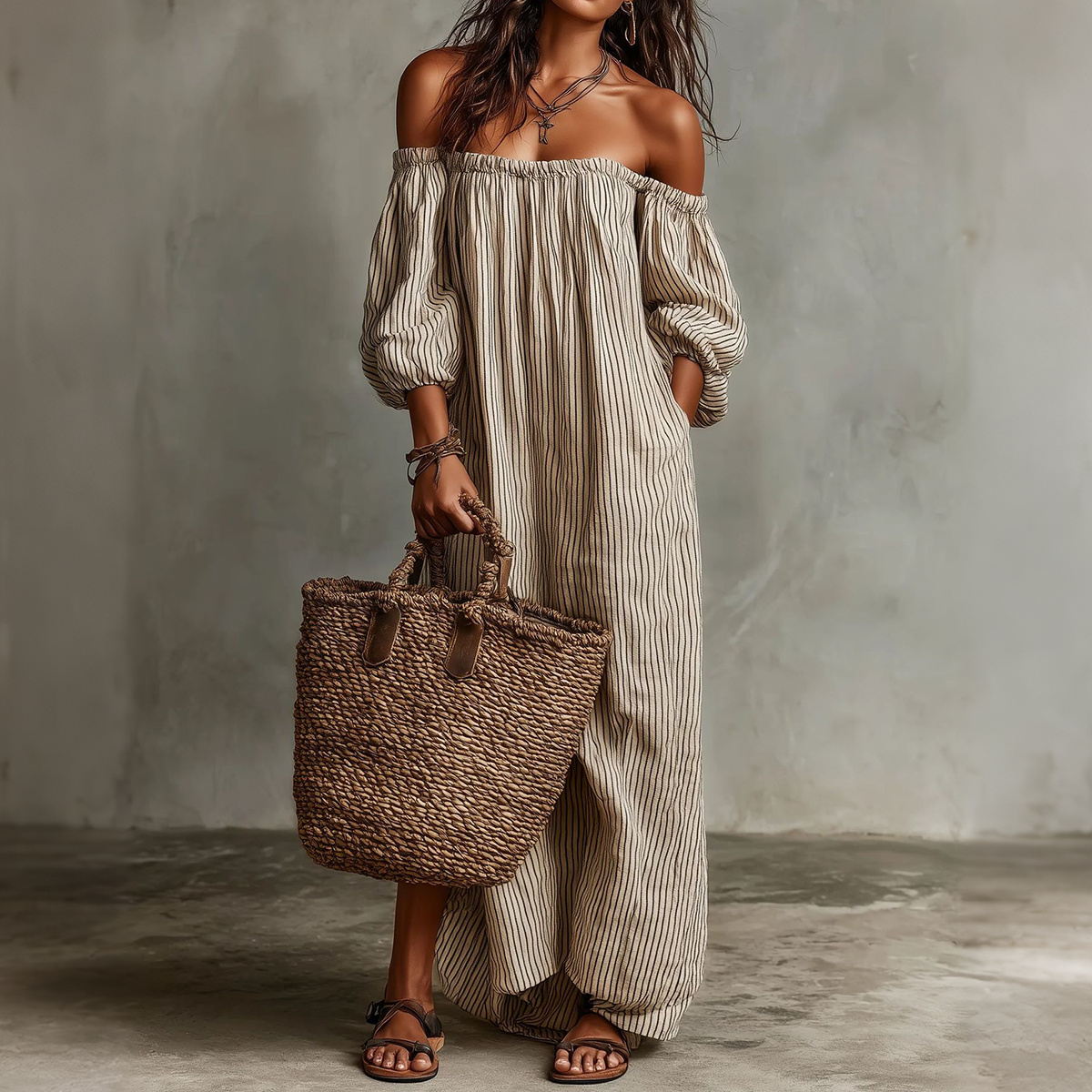Vacation Striped Off-shoulder Cotton Linen Resort Style Maxi Dress