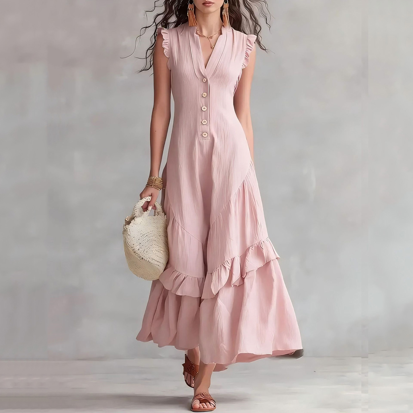 Elegant Minimalist Ruffled Sleeveless Linen Dress