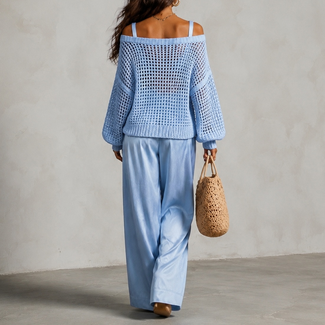 Elegance Two-piece Set: Openwork Knit Top And Wide-leg Pants