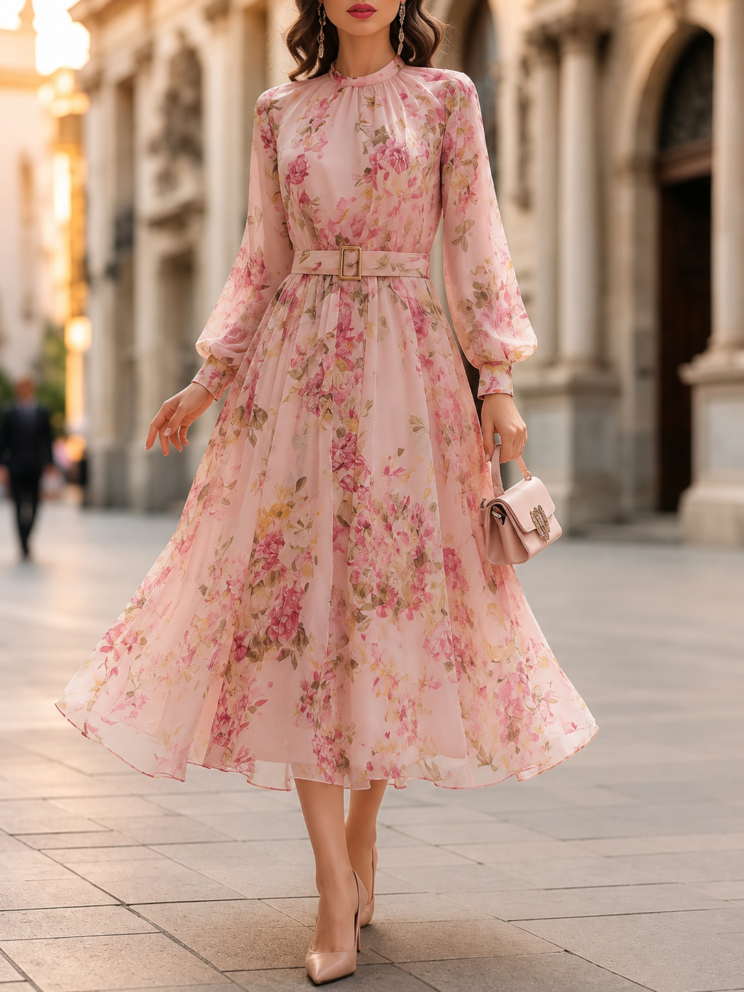 Elegant Printed Long-sleeved Fitted Waist Tie Maxi Dress