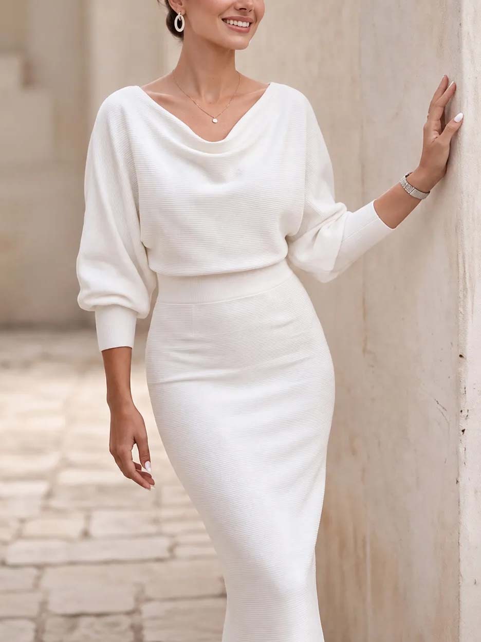 Elegant Temperament Fashionable Bat Sleeve Pure Color Waist-cinching Dress