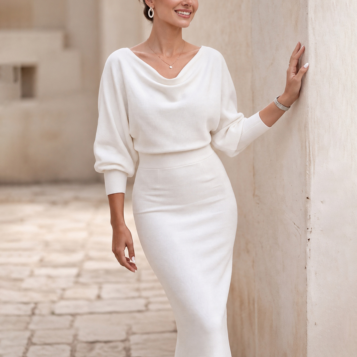 Elegant Temperament Fashionable Bat Sleeve Pure Color Waist-cinching Dress