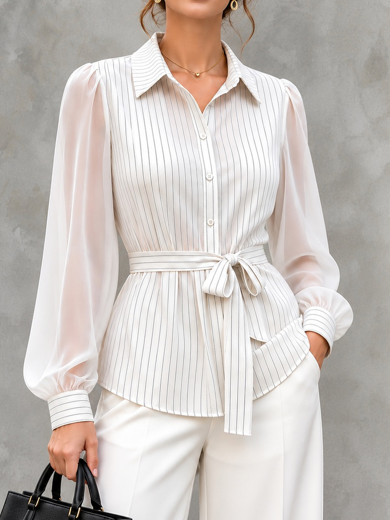 Mesh Panels And Tie-waist Long-sleeve Shirt