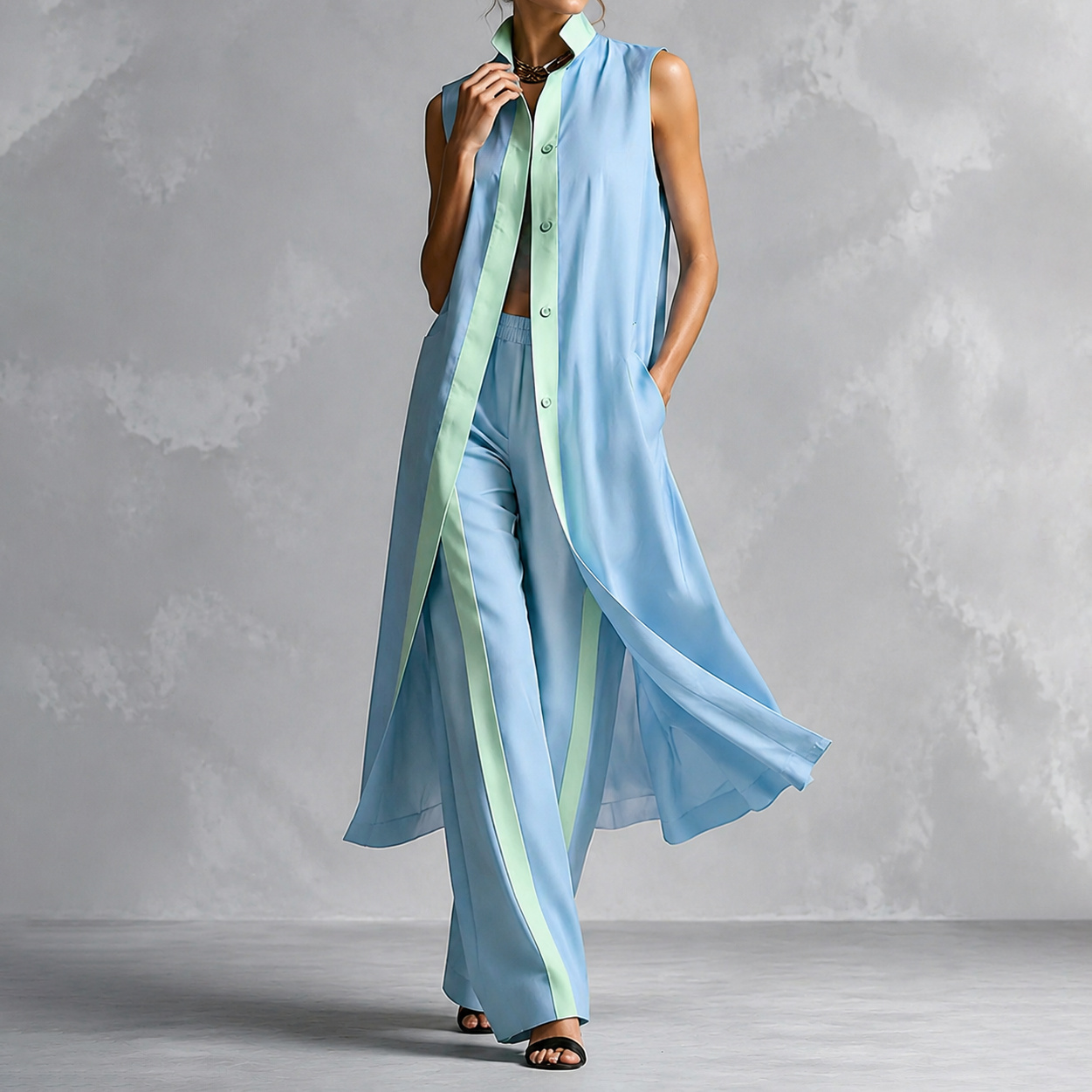 Elegant Two-piece Set Color-blocked Loose Cardigan + Trousers