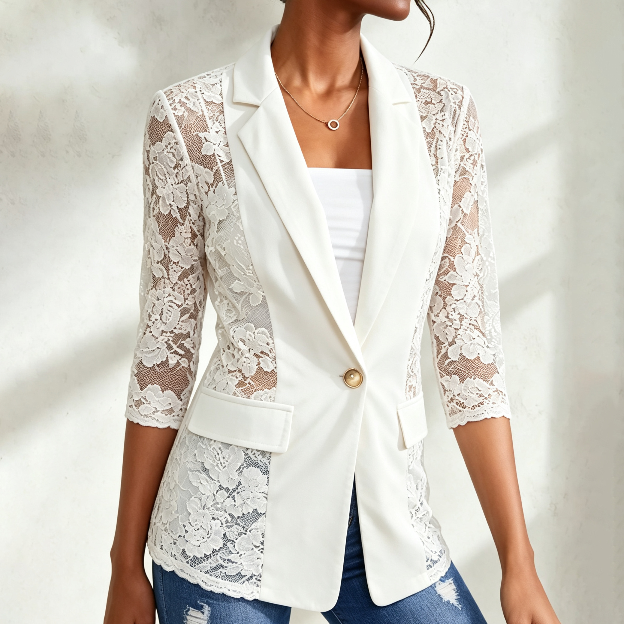 Lace Spliced 3/4 Sleeve Lapel Casual Blazer