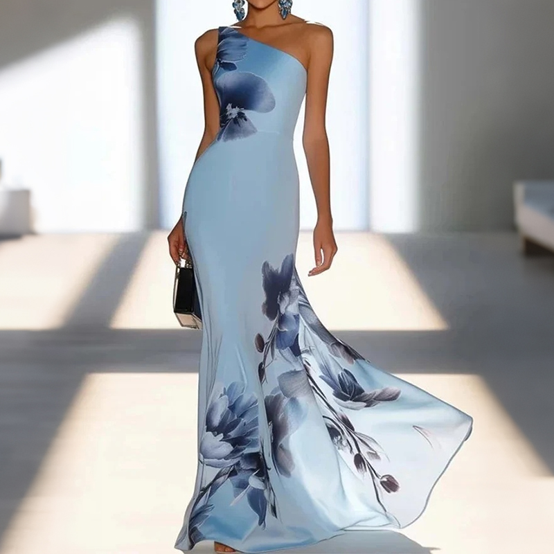 Elegant Floral Design One Shoulder Maxi Dress