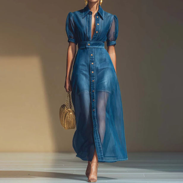 Soft Tencel Denim Elegant Plain Puff Sleeve Split Joint Shirt Collar Maxi Dress