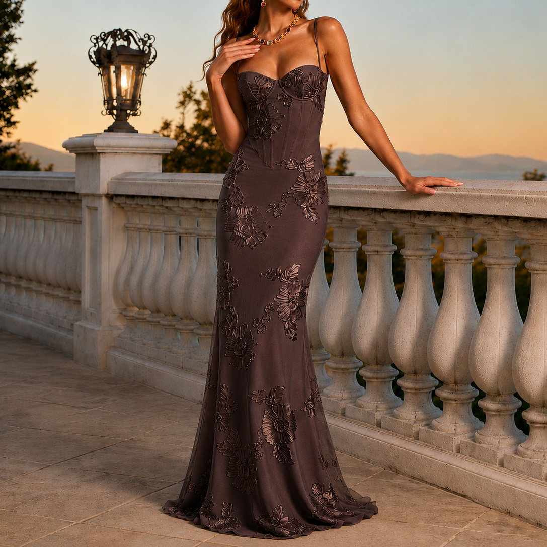 Elegant Fitted French Backless Solid Color Jacquard Evening Dress