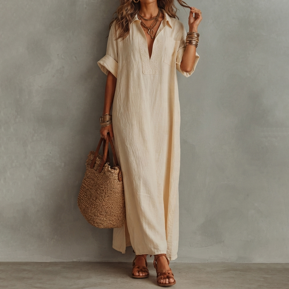 Retro Minimalist Style Loose Solid Color Short-sleeved Shirt Maxi Dress