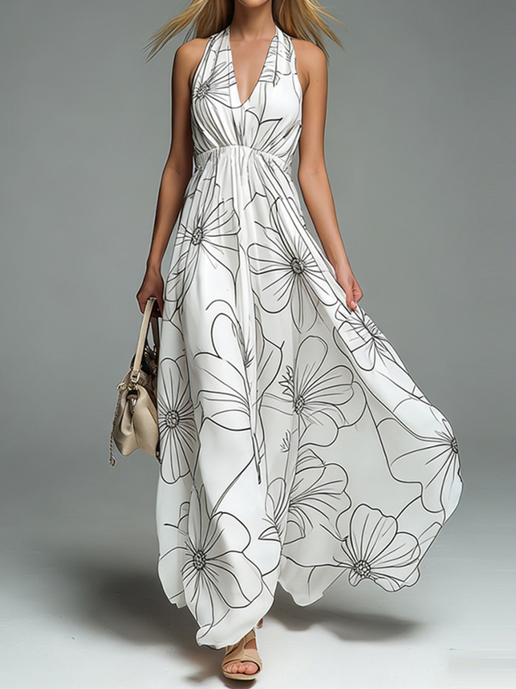 Women's Fashion Flowers Print  V-neck Halter Neck Dress