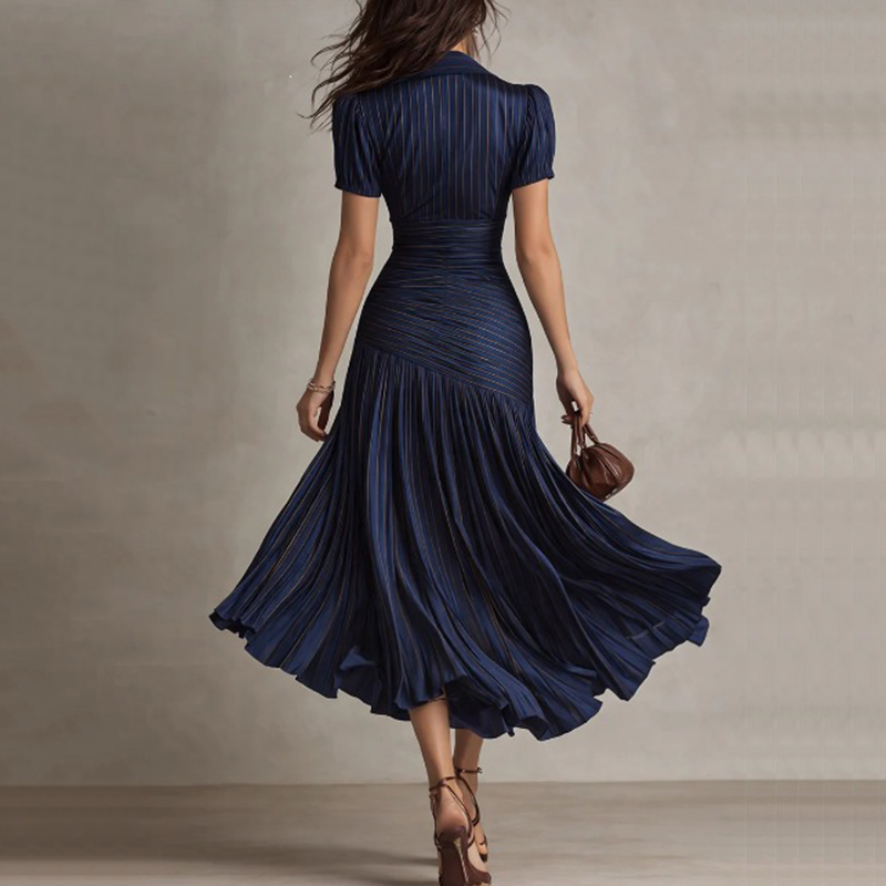 Elegant Striped V-neck Fitted Midi Dress