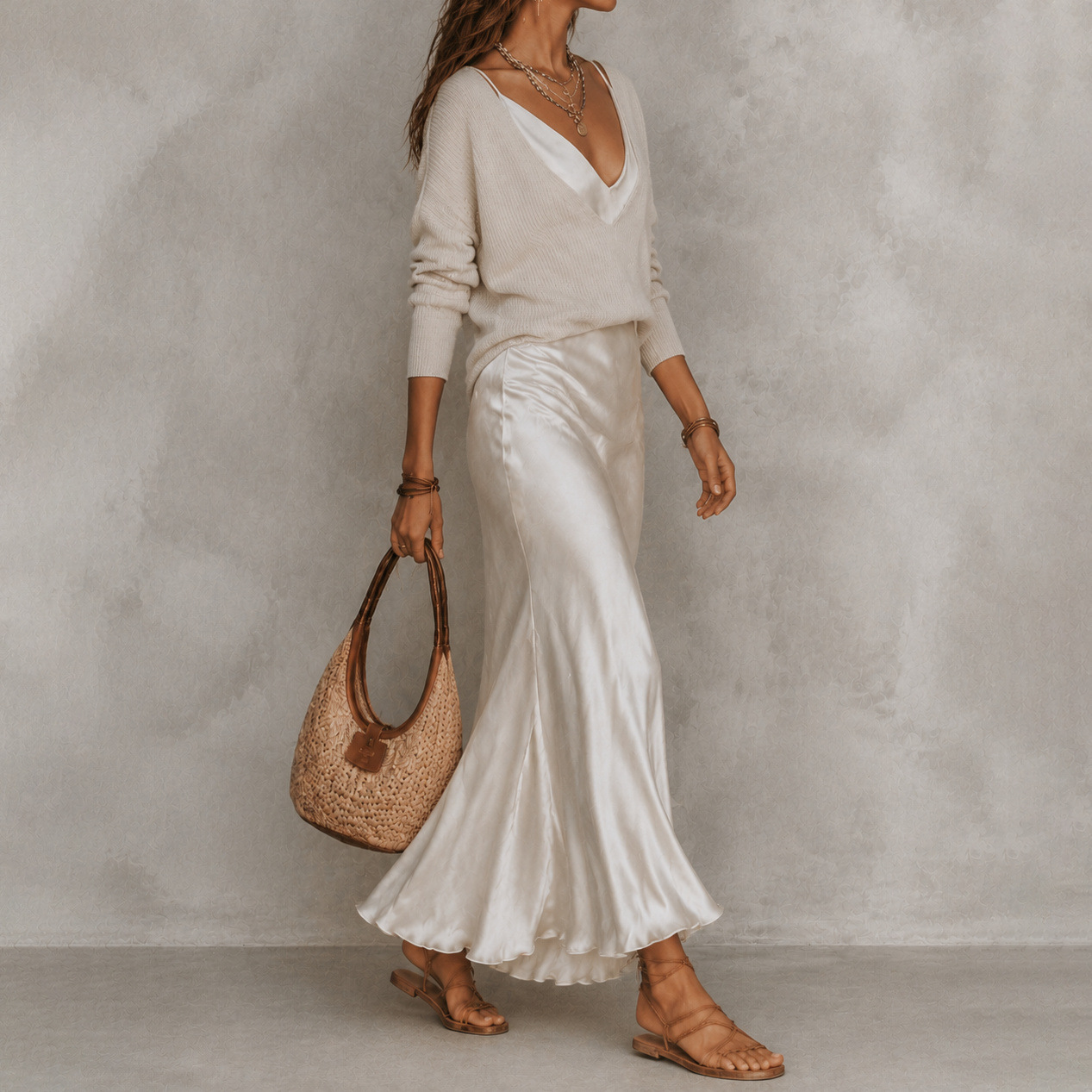 V-Neck Knit Sweater Satin Maxi Skirt Two-piece Set