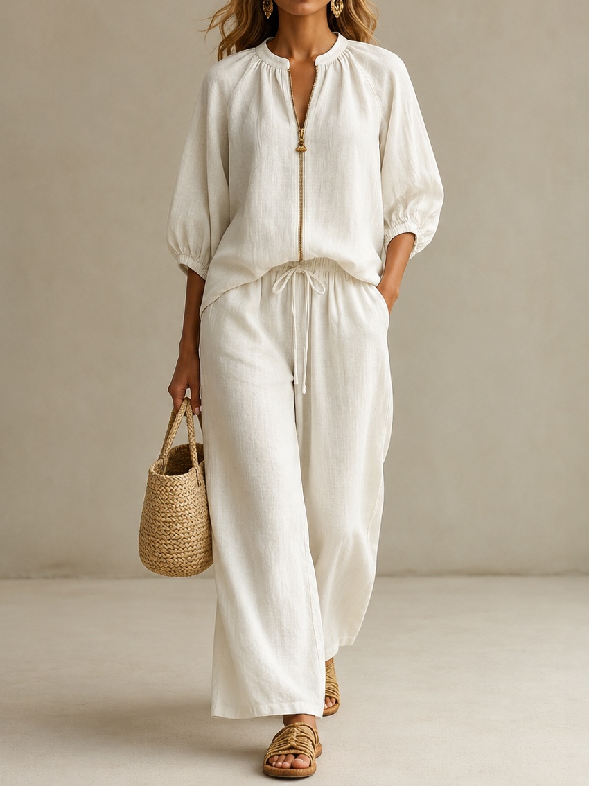 Vacation Loose-fitting Solid Color Zippered Round Neck Wide-leg Pants Suit