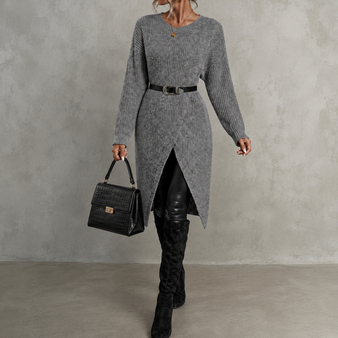 Elegant Crew Neck Long Knit Sweater