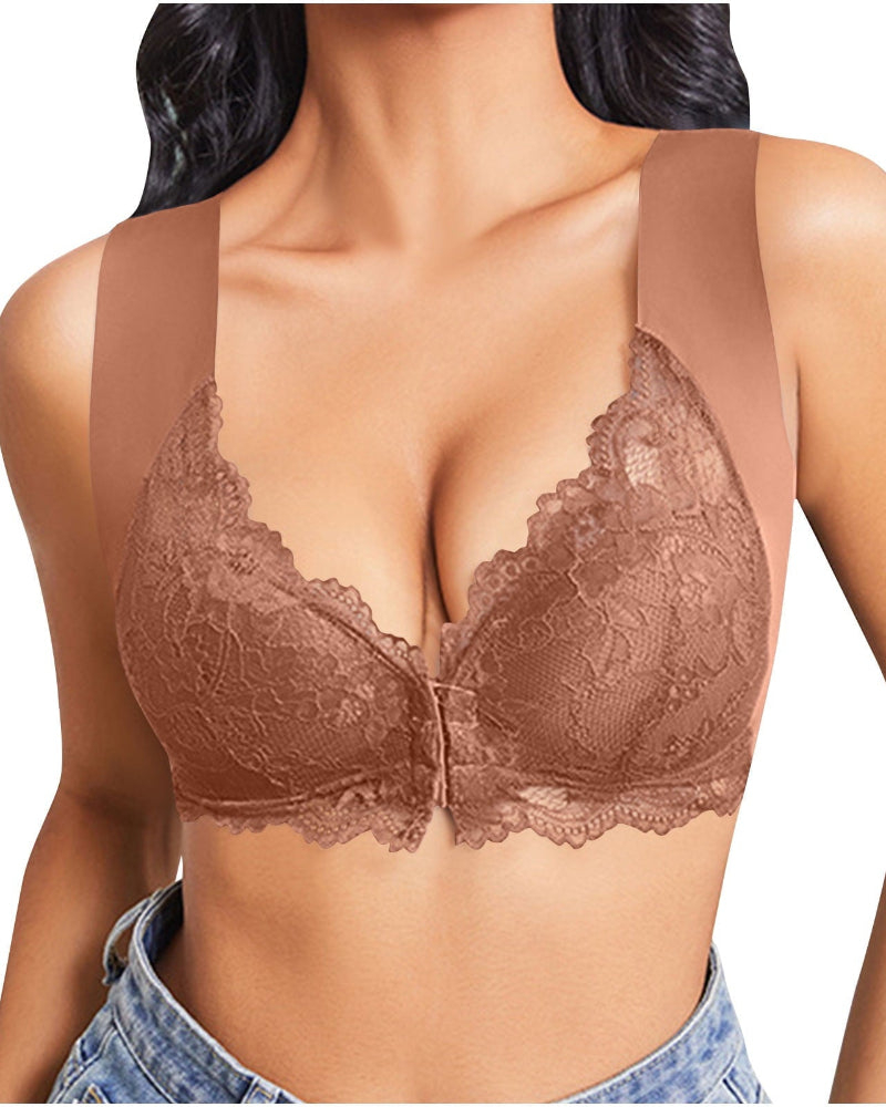 Women's Contrast Lace Hook & Eye Front Pushup Bra