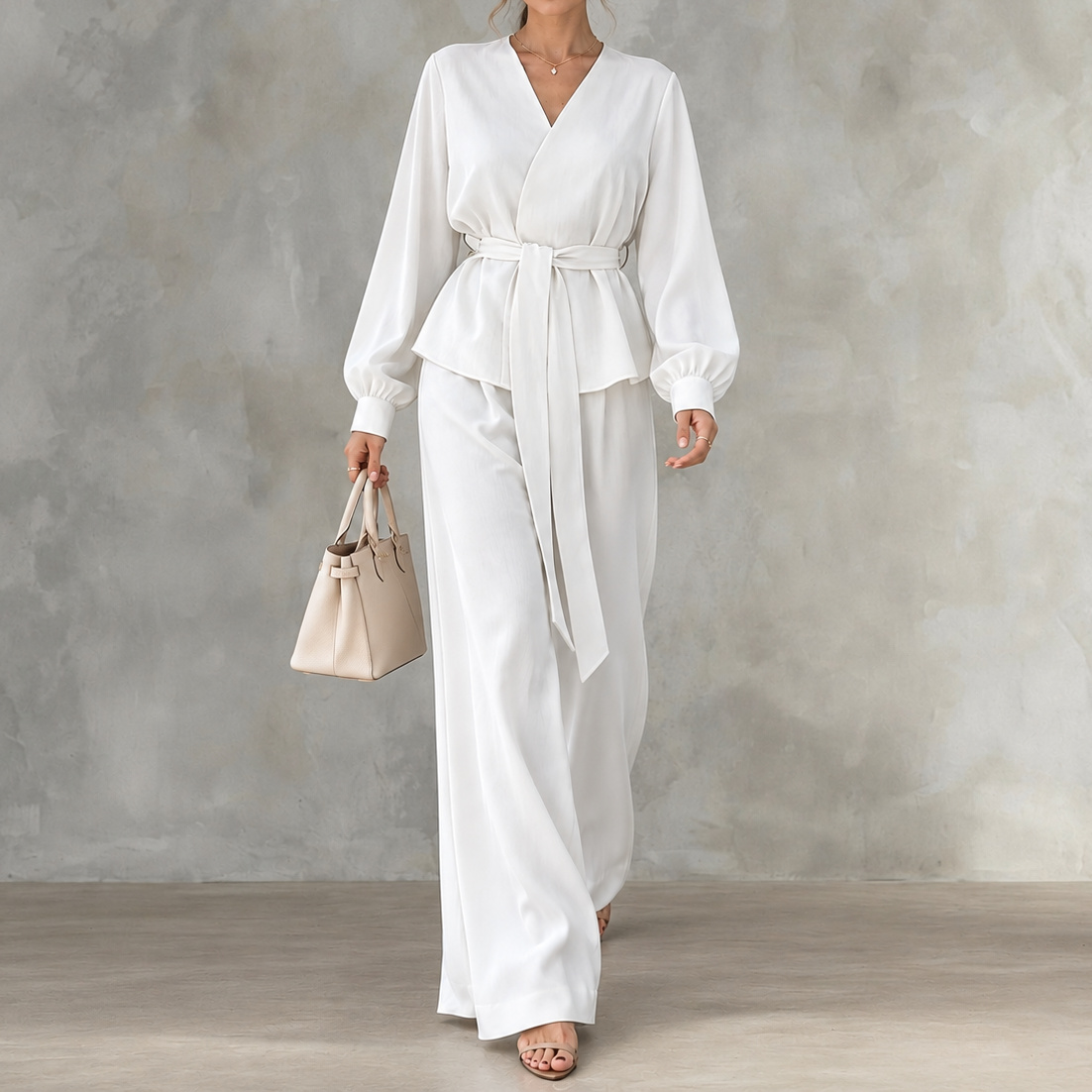 Elegance V-neck Long-sleeve Wide-leg Trouser Set