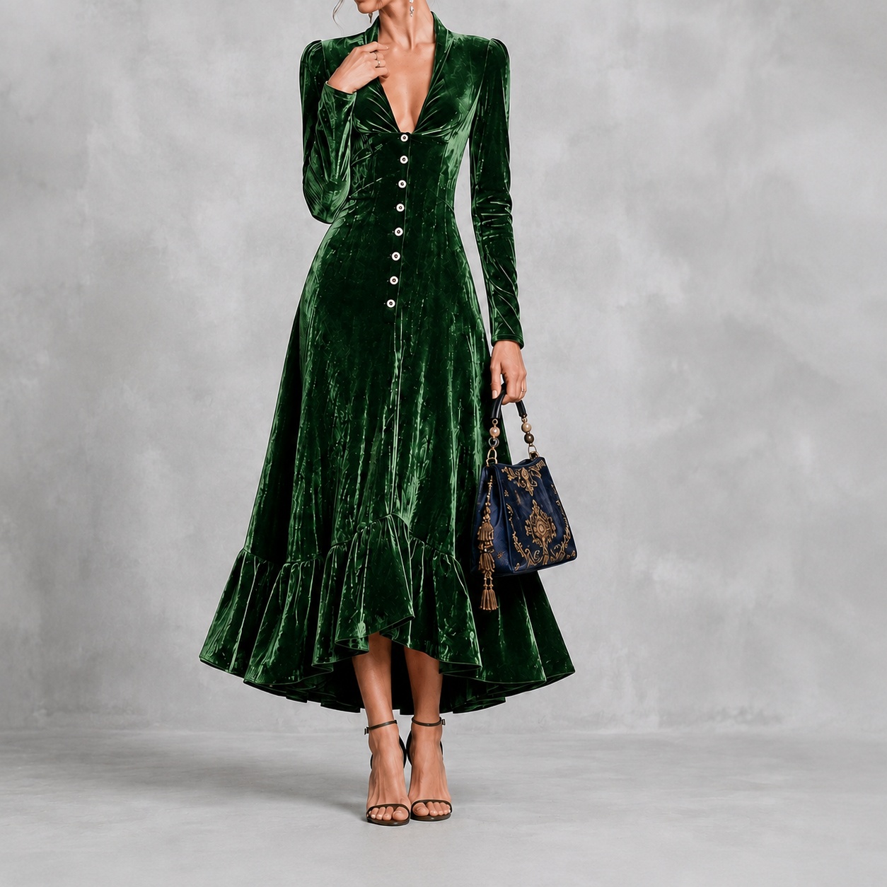 Elegant Solid Color Button-down Collar Long Sleeves Fitted Waist Maxi Dress