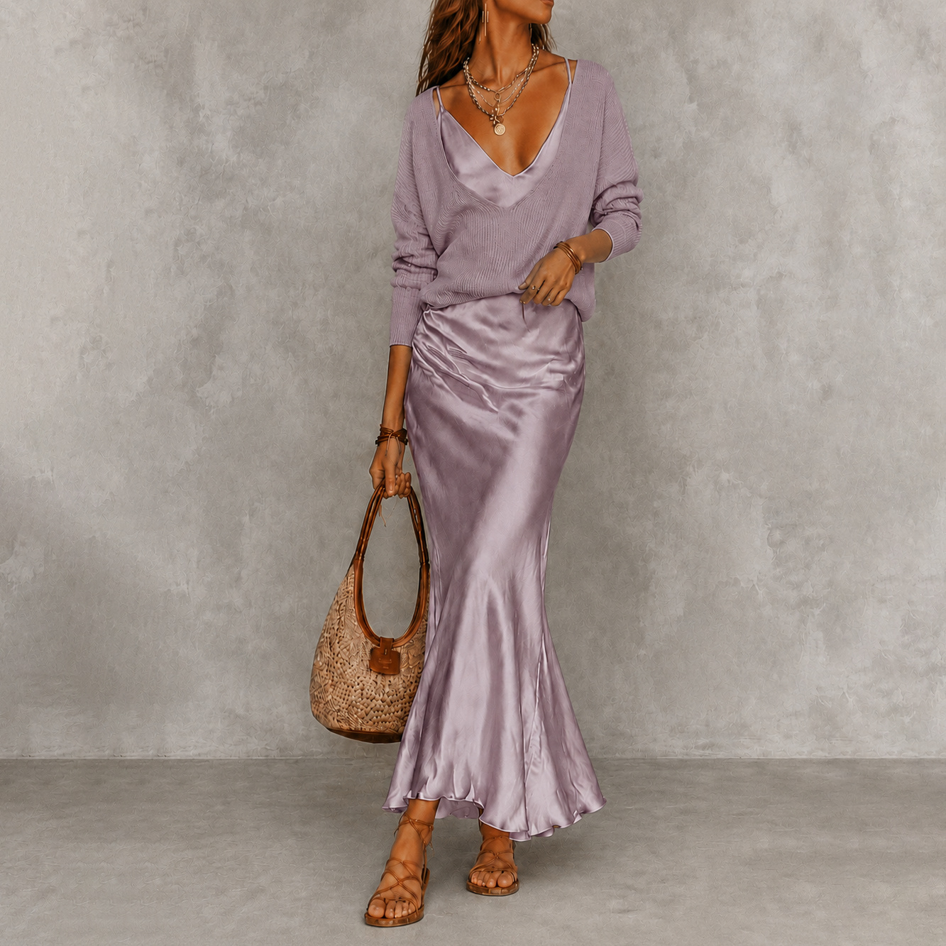 V-Neck Knit Sweater Satin Maxi Skirt Two-piece Set