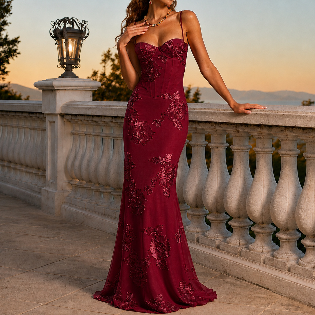 Elegant Fitted French Backless Solid Color Jacquard Evening Dress