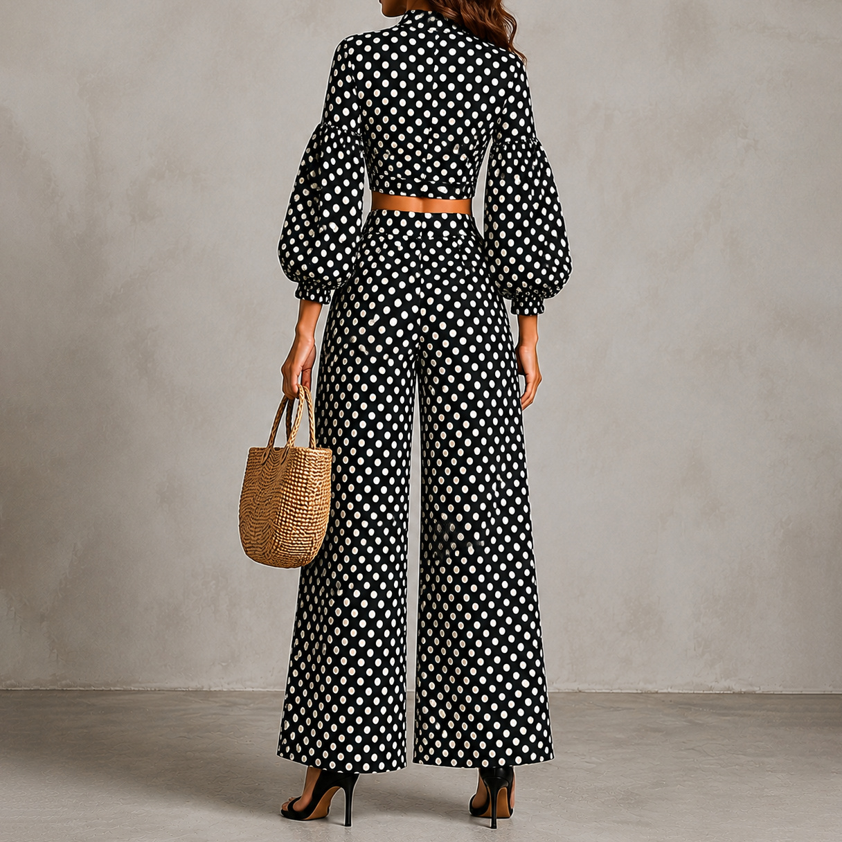 Polka Dot Lantern Sleeve Top And Wide-leg Pants Two-piece Set