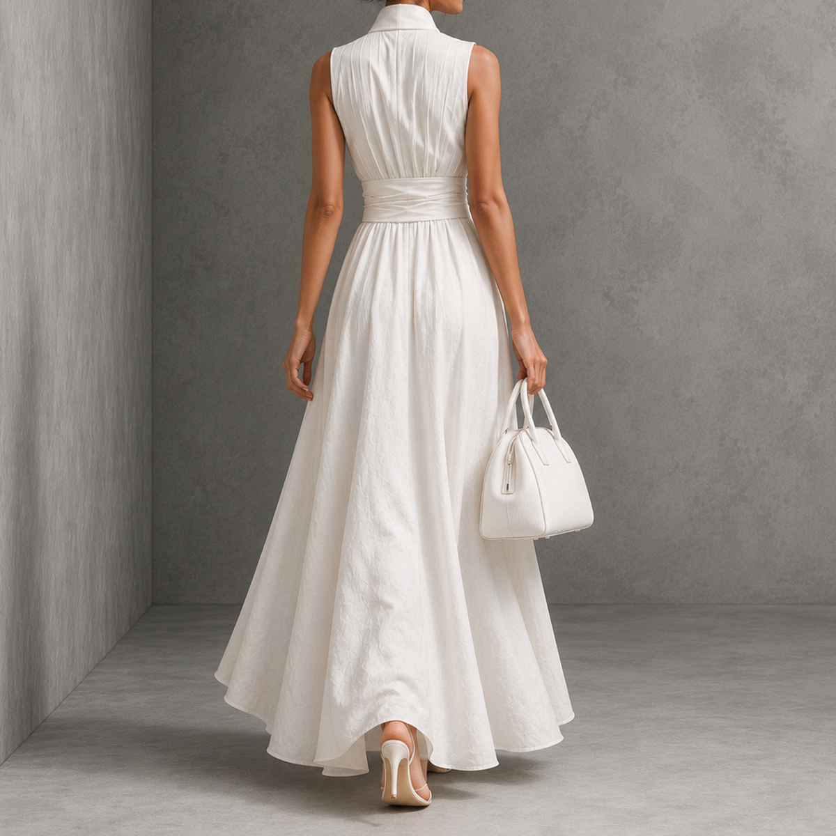 Elegant Solid Color V-neck Sleeveless Off-shoulder Fitted Waist Tie Maxi Dress