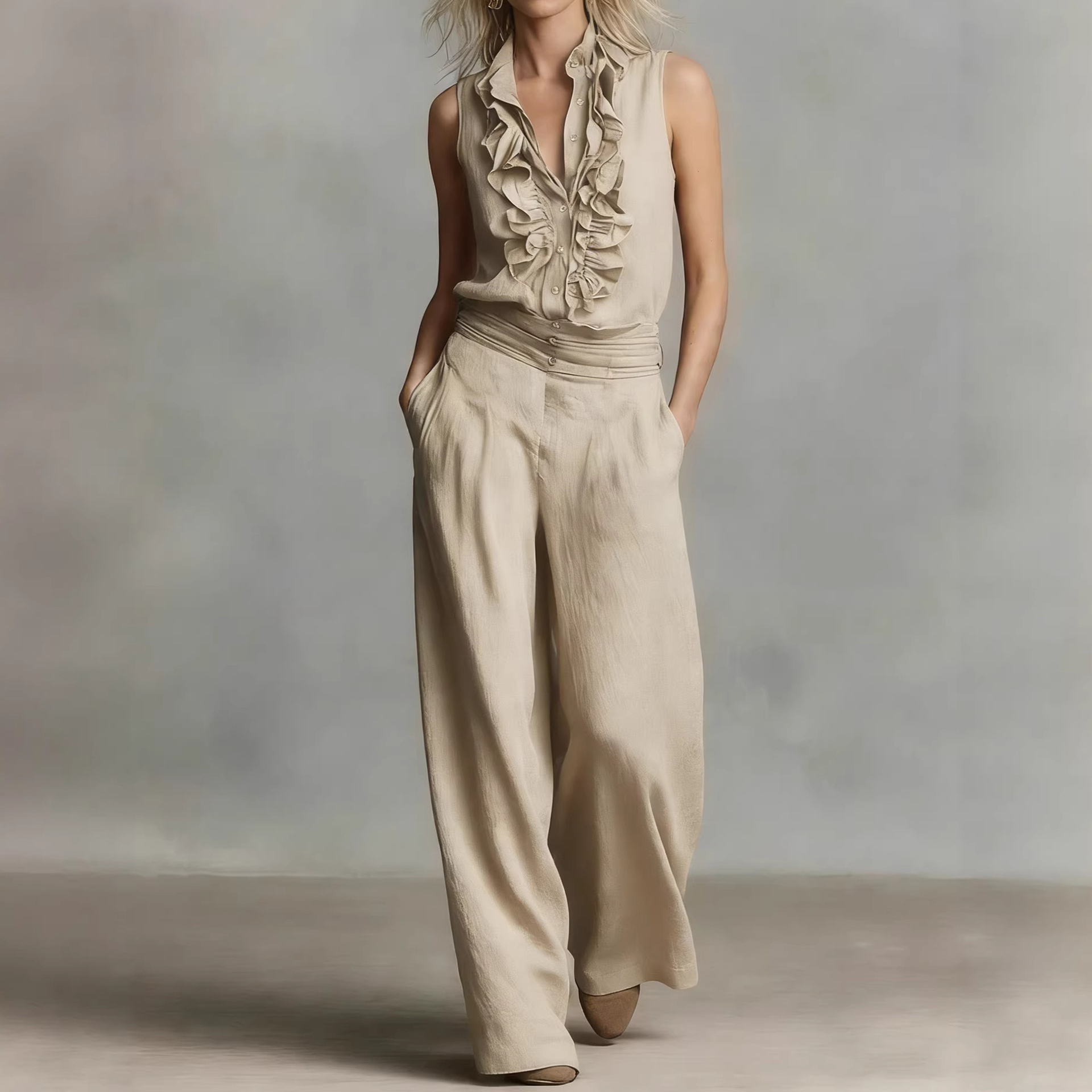 Simple Linen Blend Sleeveless Shirt And Wide-leg Pants Set
