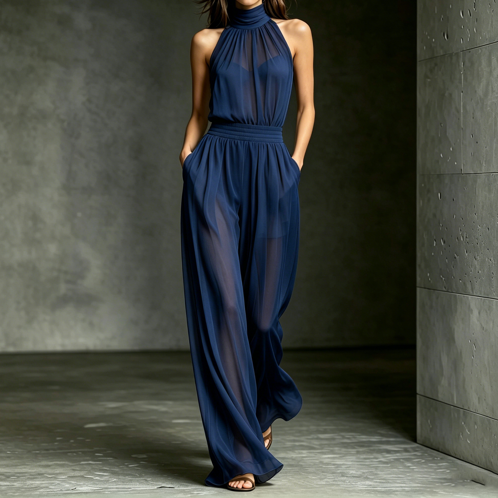 Chiffon Spliced Sleeveless High Neck Backless Wide Legs Jumpsuit