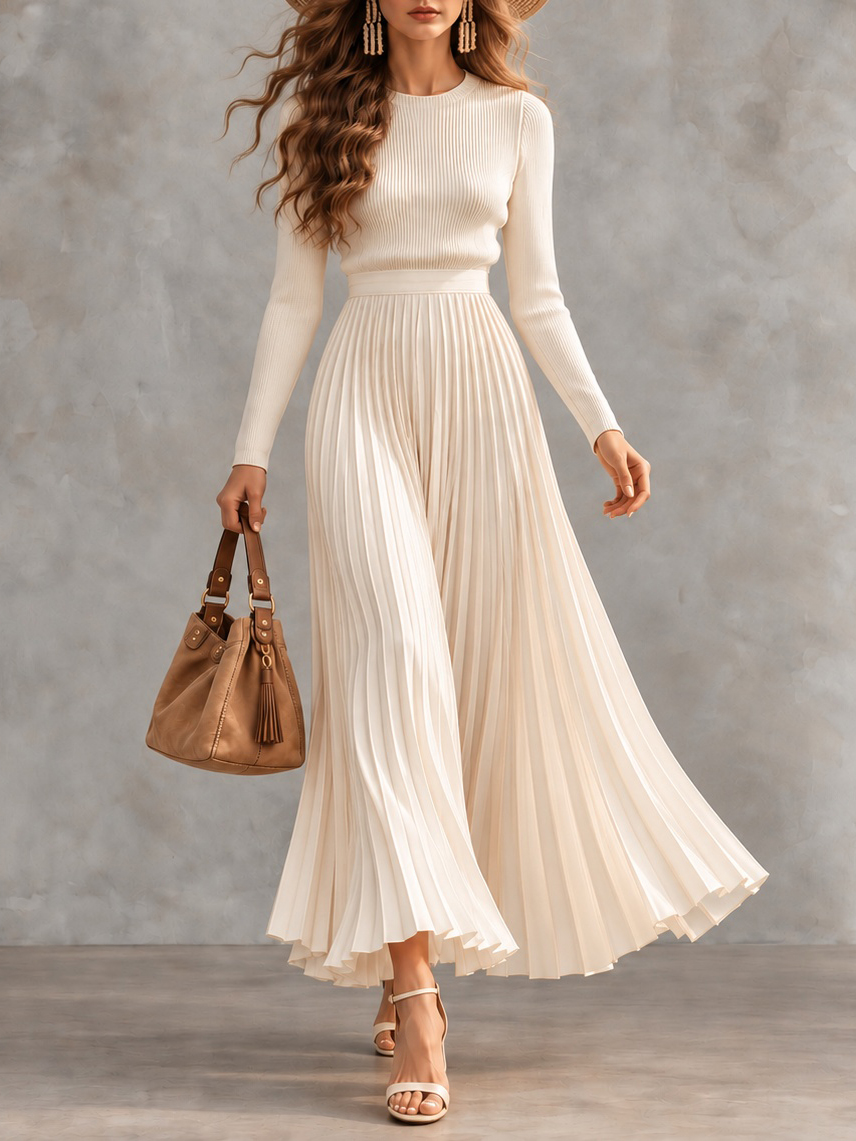 Long-sleeved Crew-neck Top And Pleated Skirt Two-piece Set