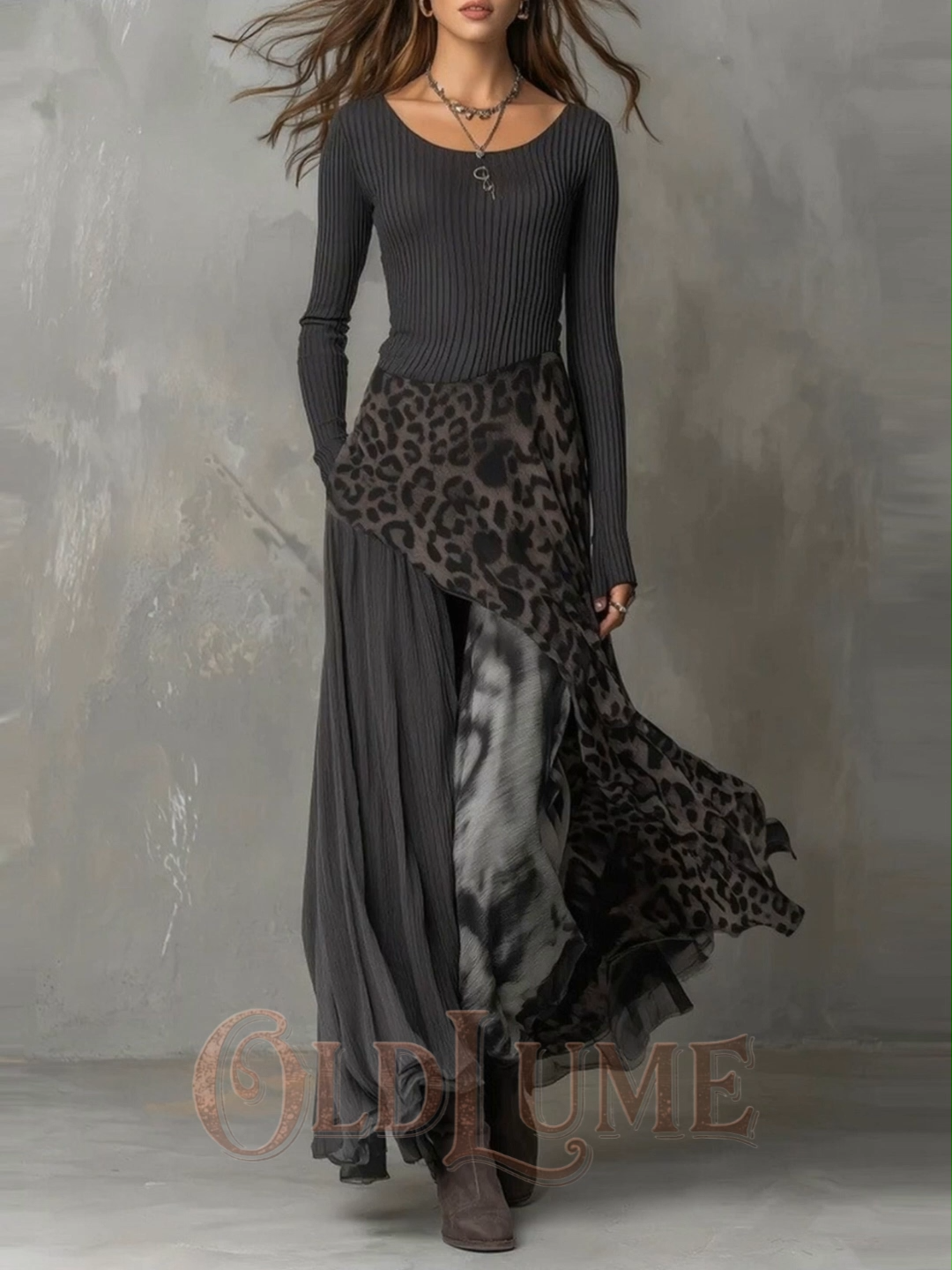 Vintage Leopard Print Slim Fit Patchwork Maxi Dress