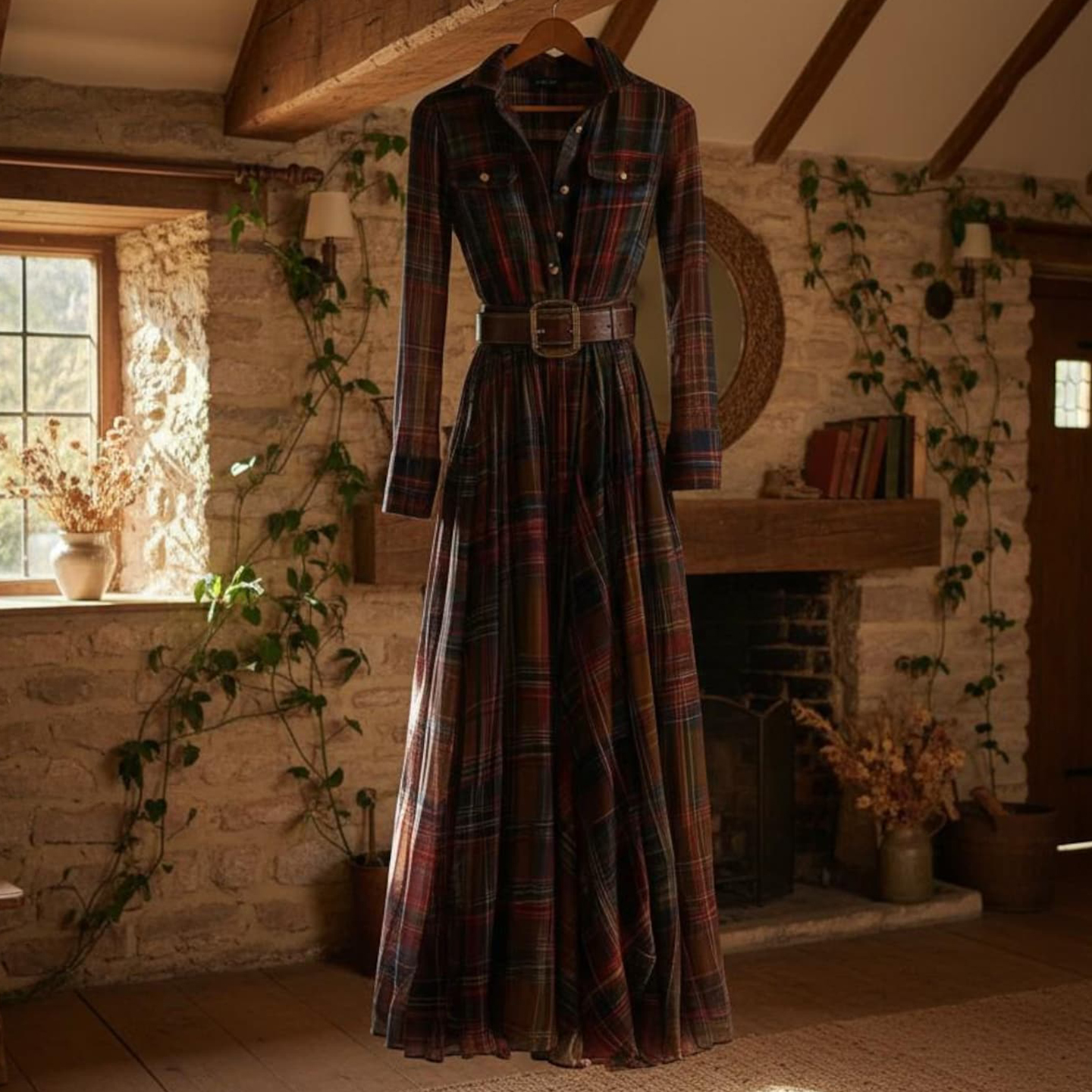 Vintage Plaid Inspired  Belted Cottagecore Autumn Winter Long Sleeve Button-up Shirt Maxi Dress
