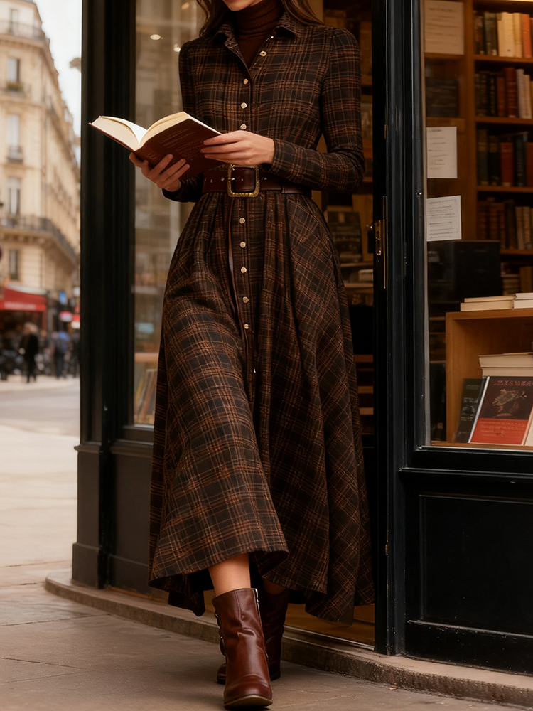 Vintage Plaid Inspired Autumn Winter Long Sleeve Button-up Shirt Maxi Dress