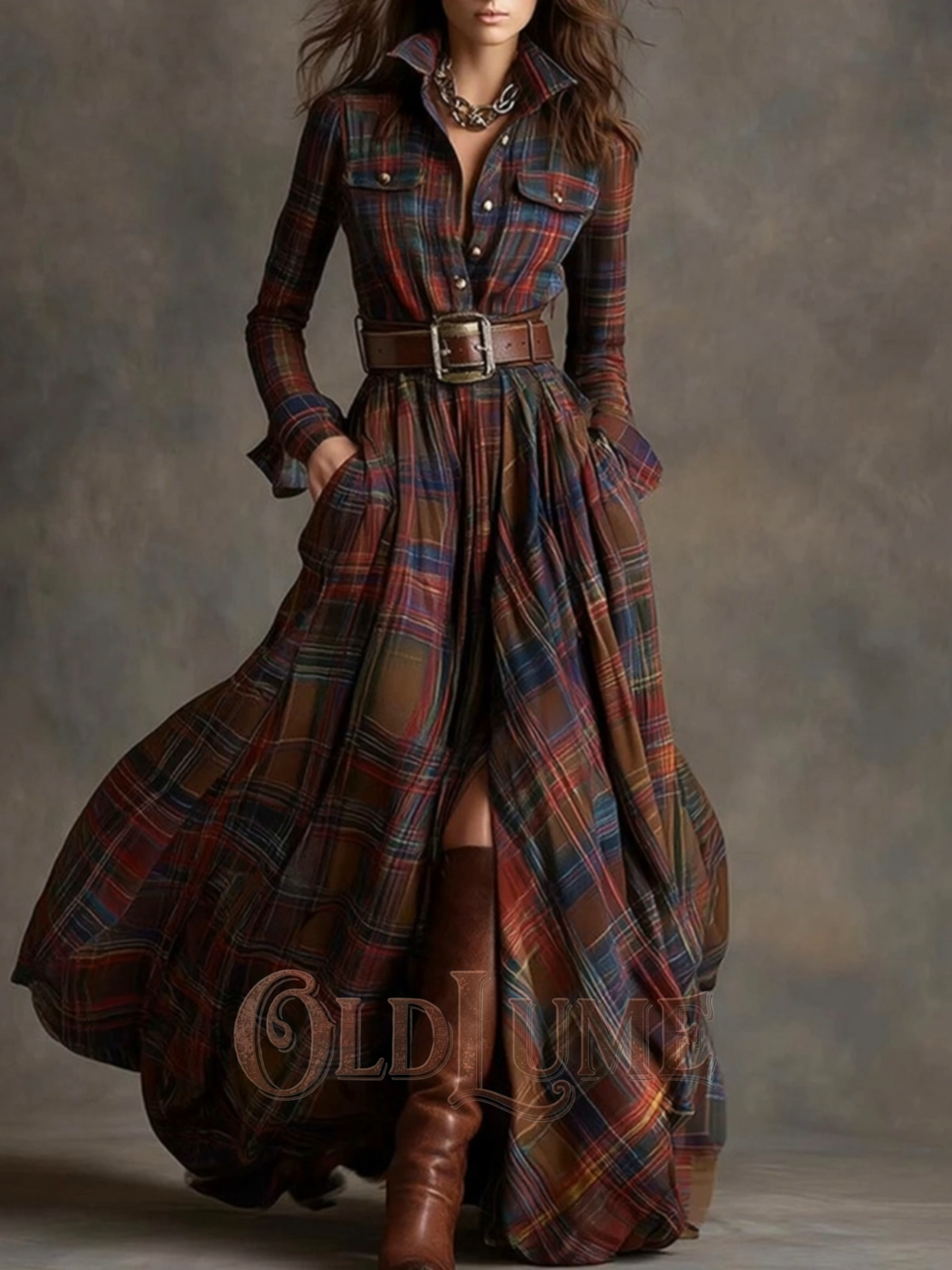 Vintage Western Plaid Pattern Shirt Dress (with Belt)