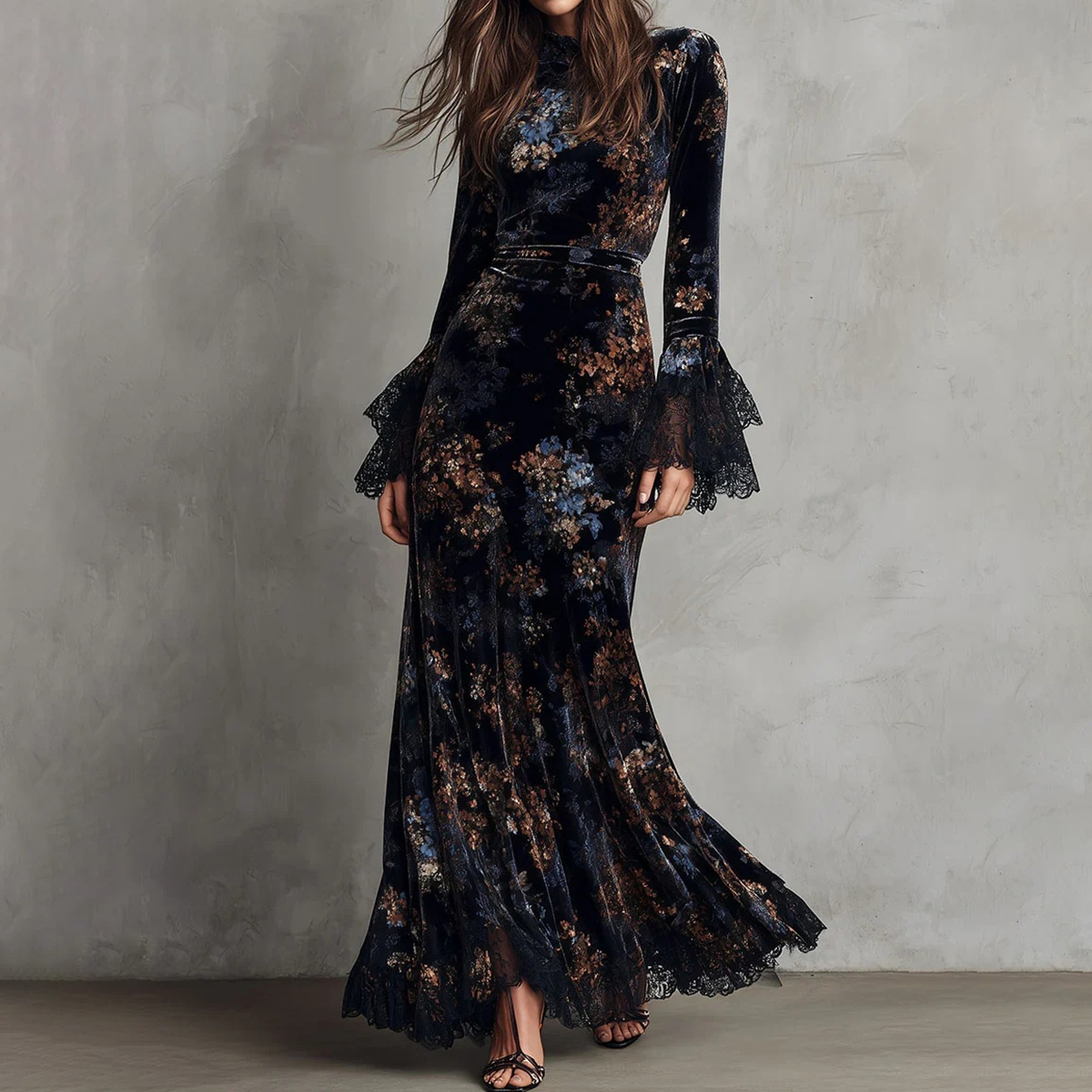 Vintage Printed Slim Fit Velvet Lace Maxi Dress