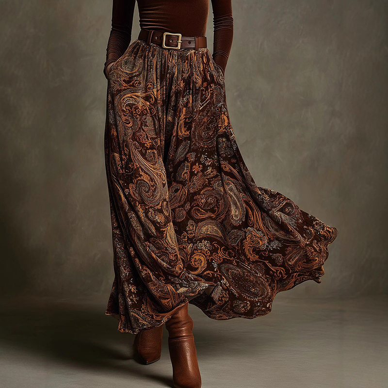 Vintage Printed Velvet Belted Maxi Dress