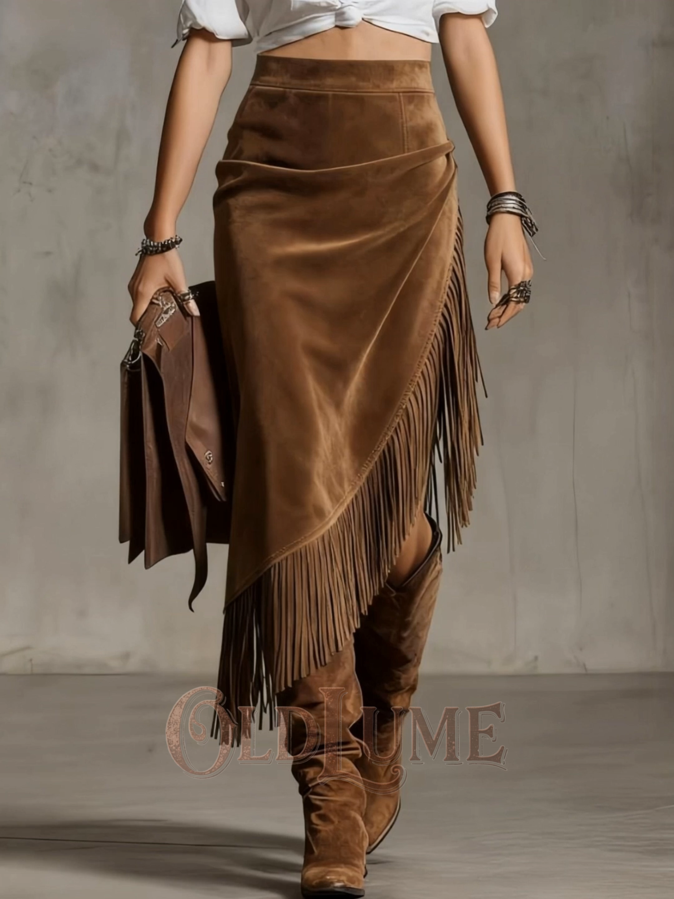 Vintage Western Fringed Hem Irregular Suede Skirt