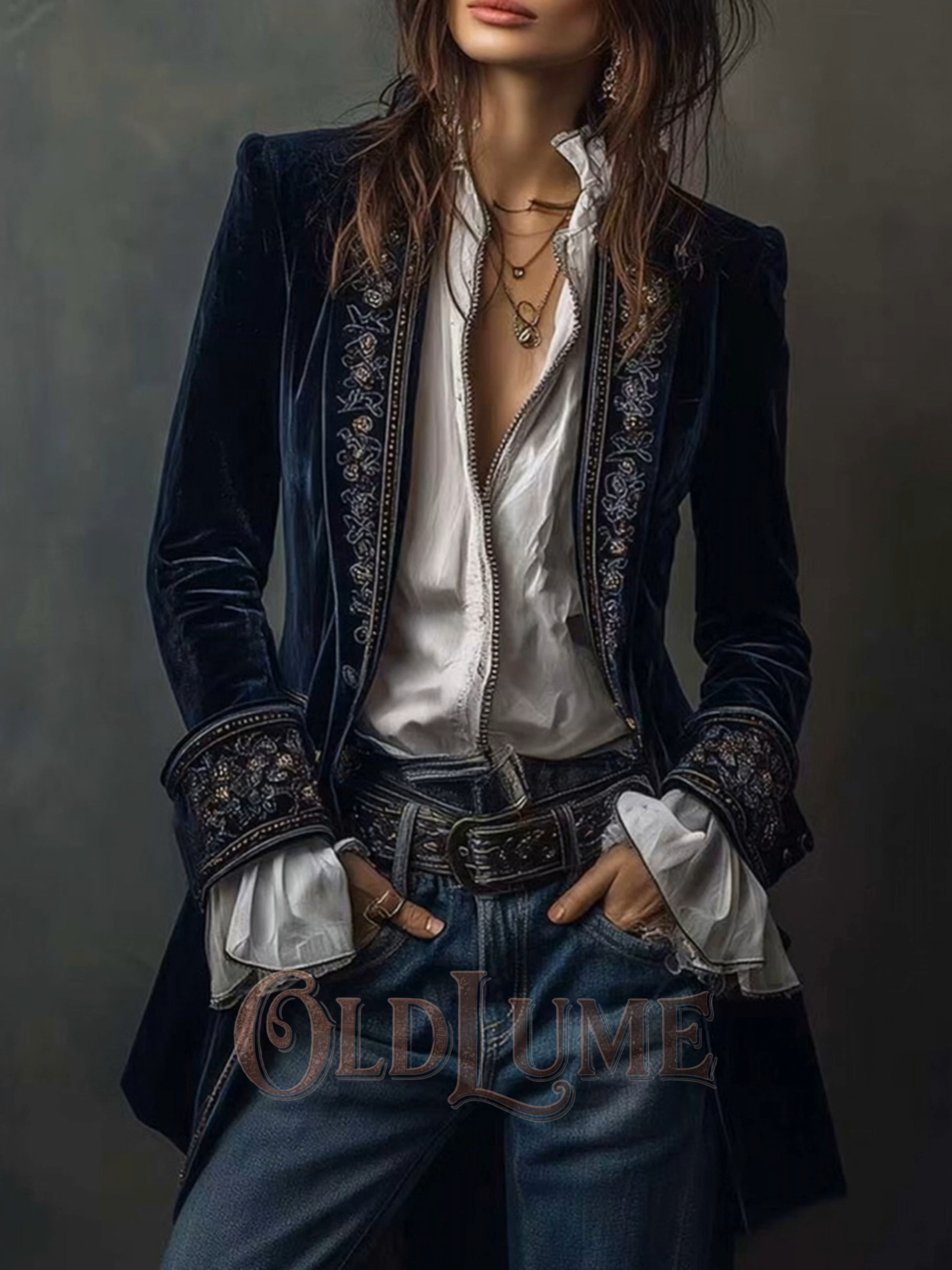 Vintage Long-sleeved Patchwork Lace Gold Velvet Jacket