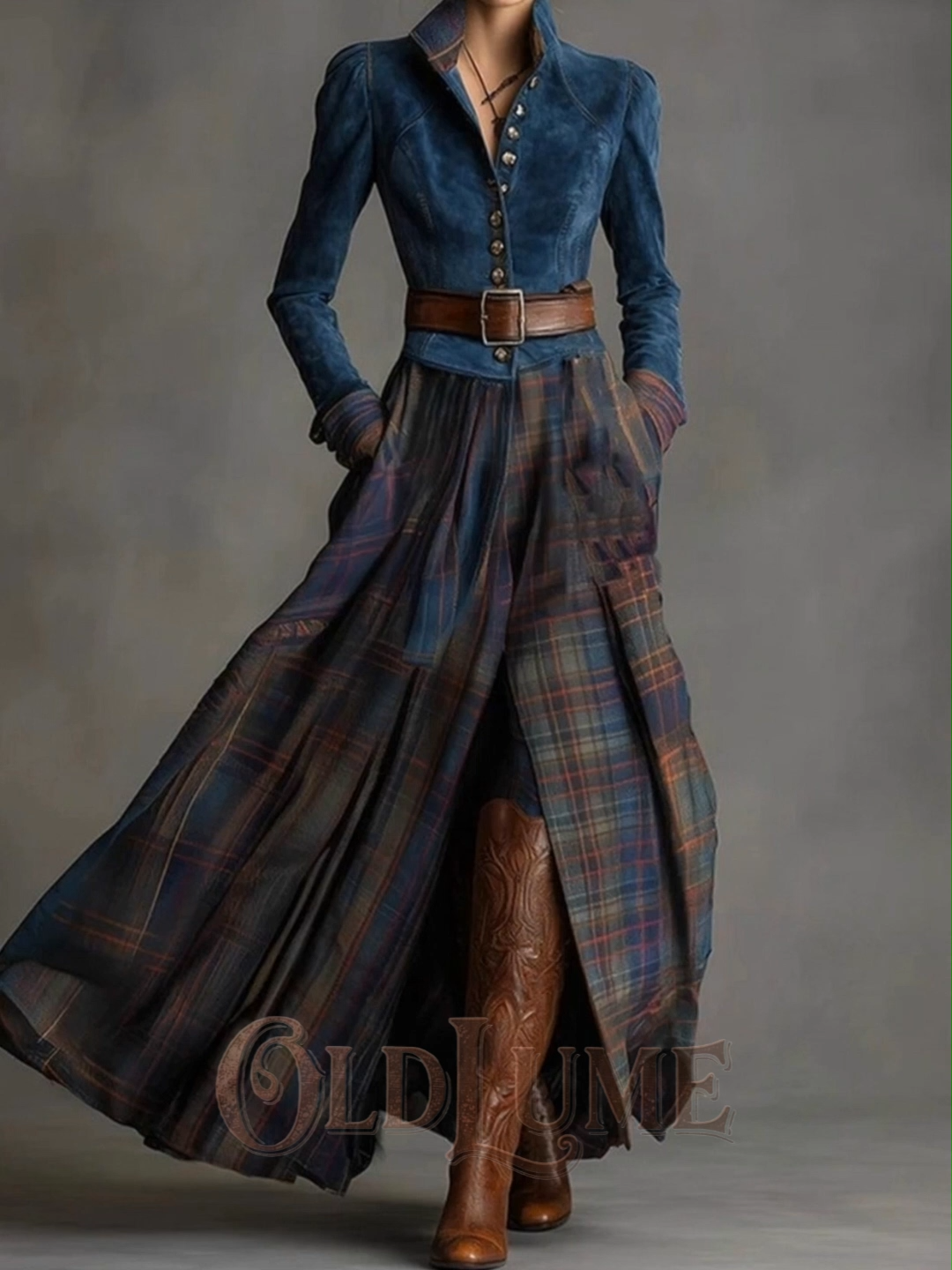 Vintage Style Suede And Plaid Patchwork Maxi Dress (with Belt)