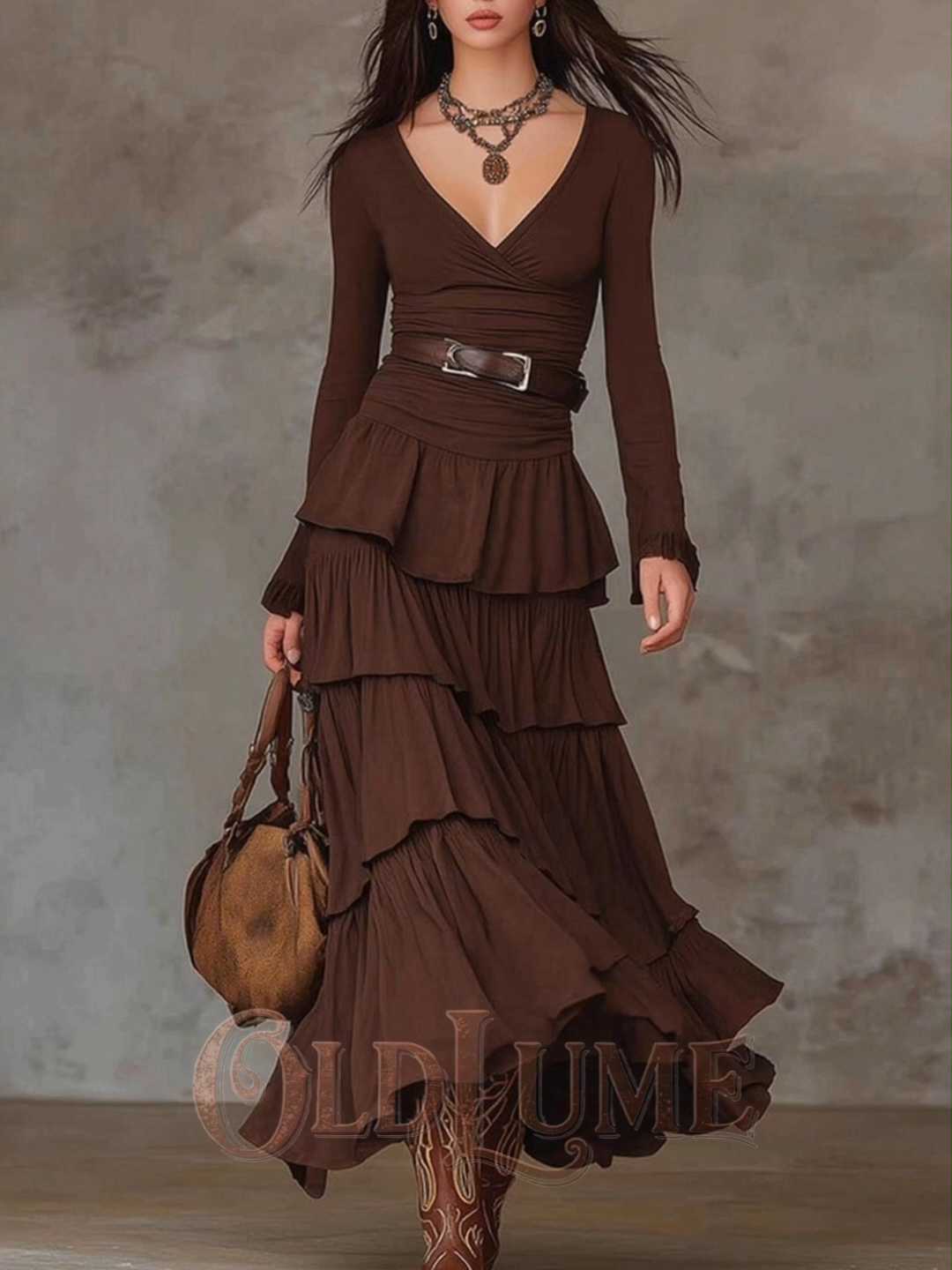 Vintage Slim V-neck Cake Maxi Dress (with Belt)