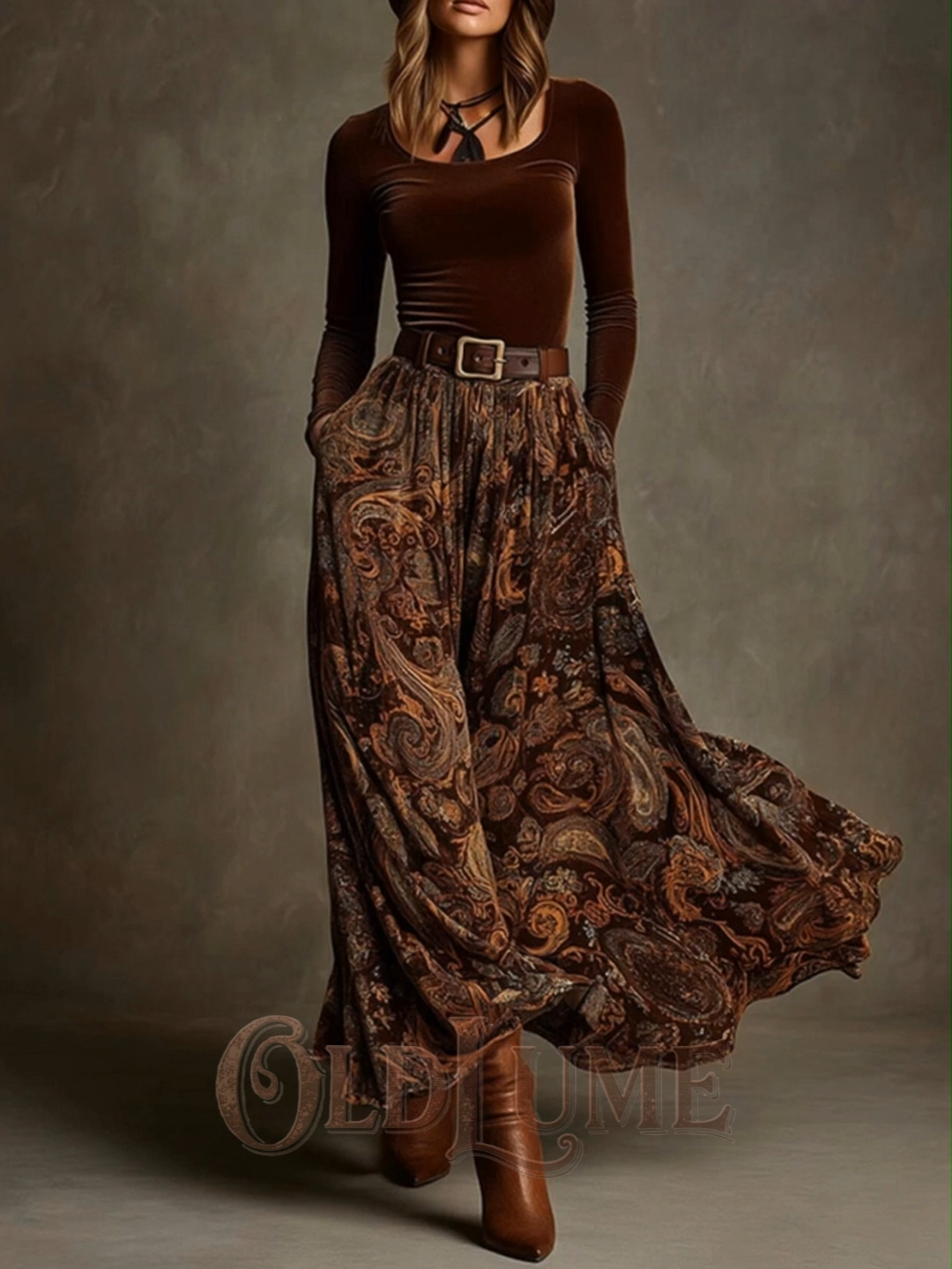 Vintage Printed Velvet Belted Maxi Dress