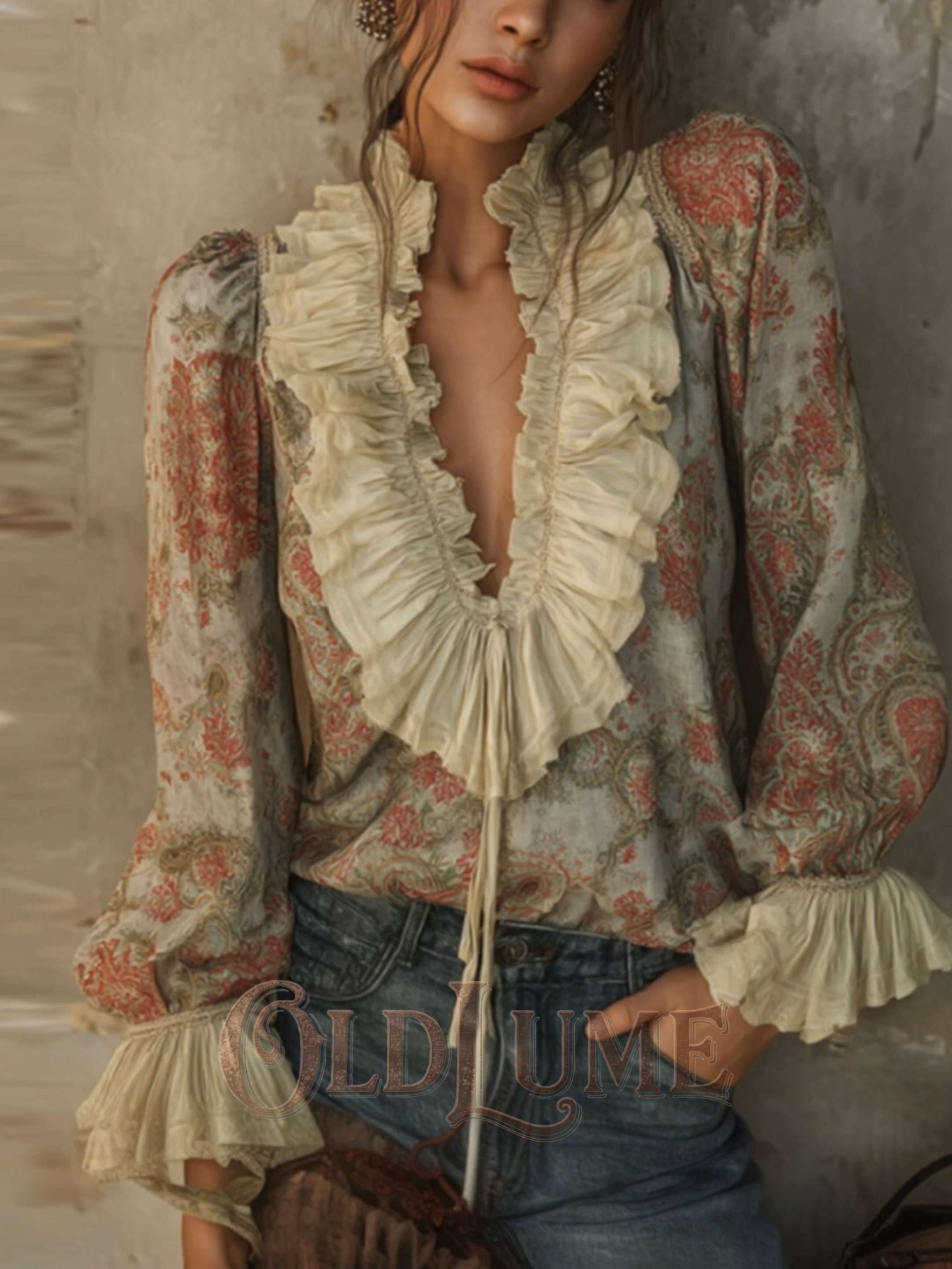 Women's Retro Floral Lotus Leaf Edge Vintage Cardigan With Drawstring Top