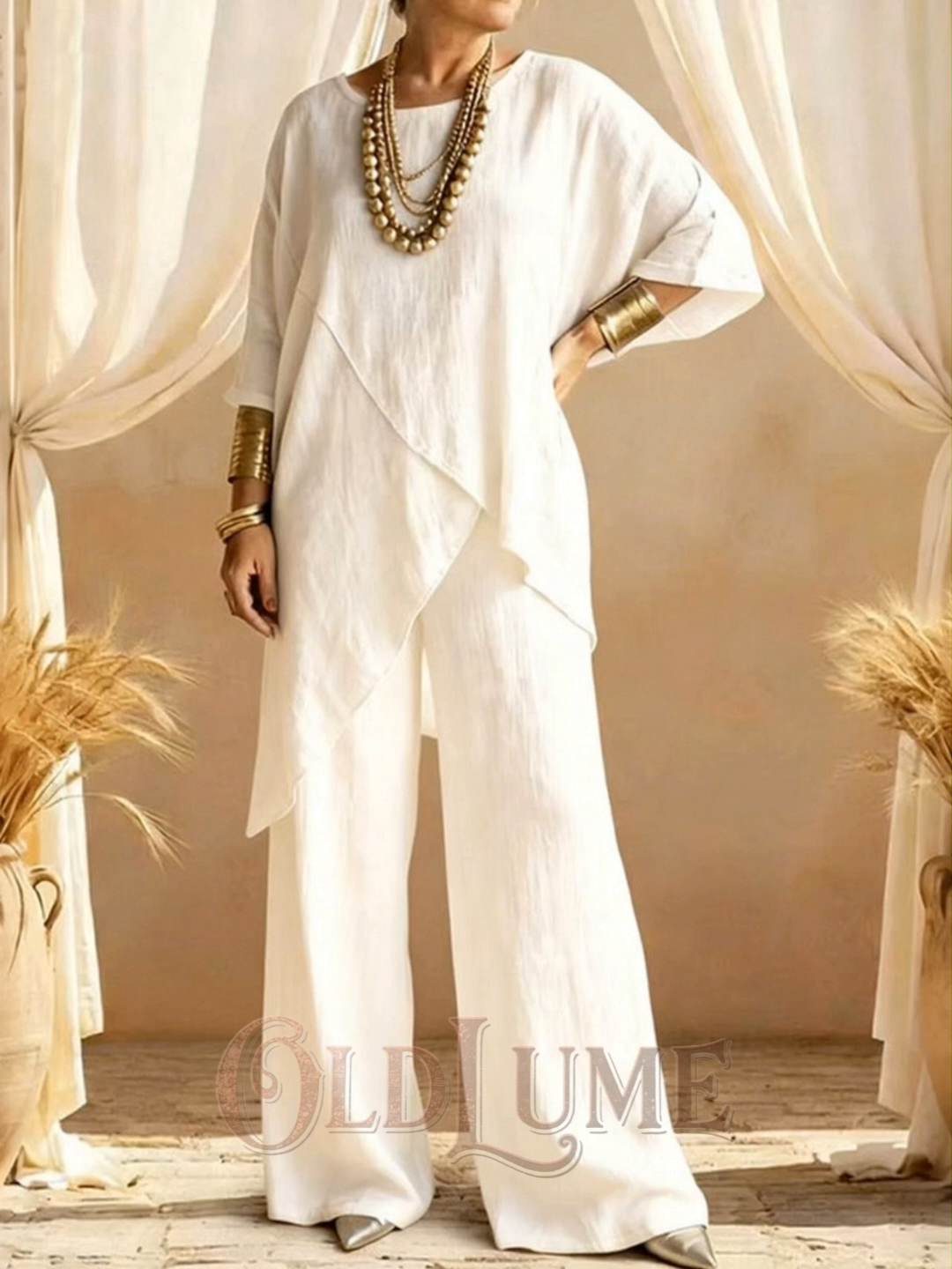 Women's Comfy Linen Blend Flowy Double Layer Design Top And Pants Two-piece Set