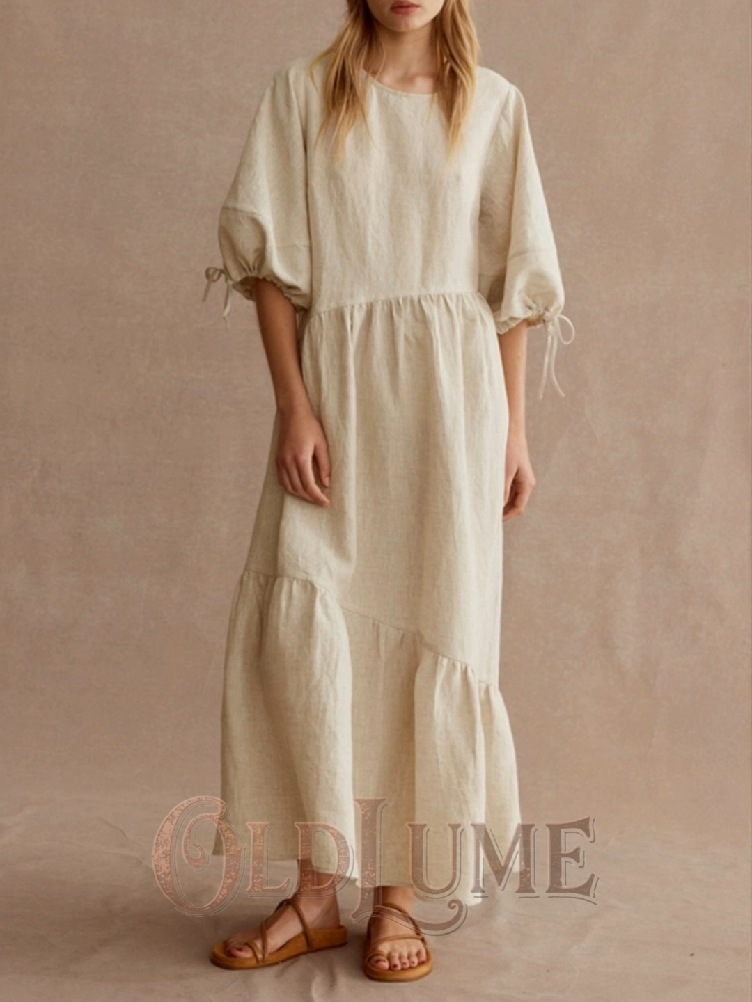 Round Collar Pleated Design Casual Linen Dress