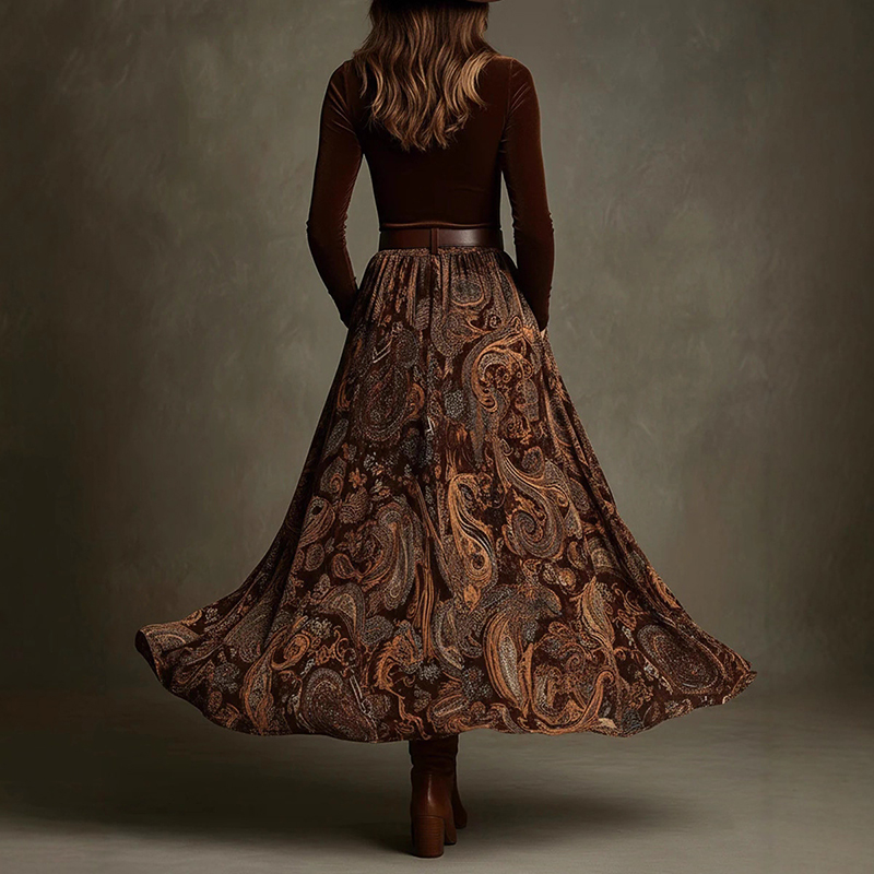 Vintage Printed Velvet Belted Maxi Dress